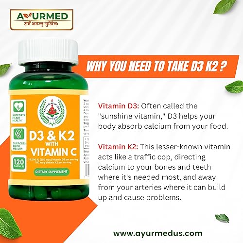 Miniatura 3 de Vitamina D3 10000 UI y vitamina K2 100 mcg con vitamina C  120 cápsulas  Suplemento de cápsulas de apoyo para corazón y huesos  Sin OMG y sin