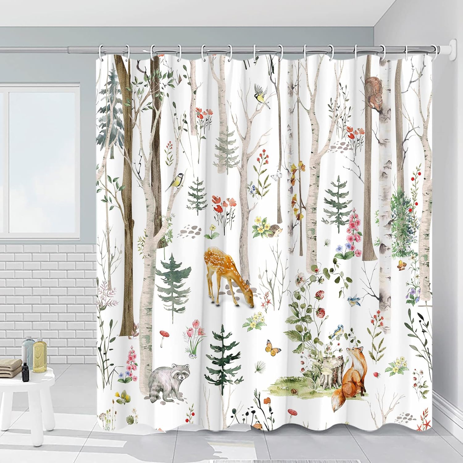 Forest Animal Shower Curtain Rustic Forests Bathroom Curtains Deer Fox Spring Floral Butterfly Plants Cute Wildlife Green Leaf Watercolor Nature Scenic Bathtub Decor with Hooks 108 x 70 in