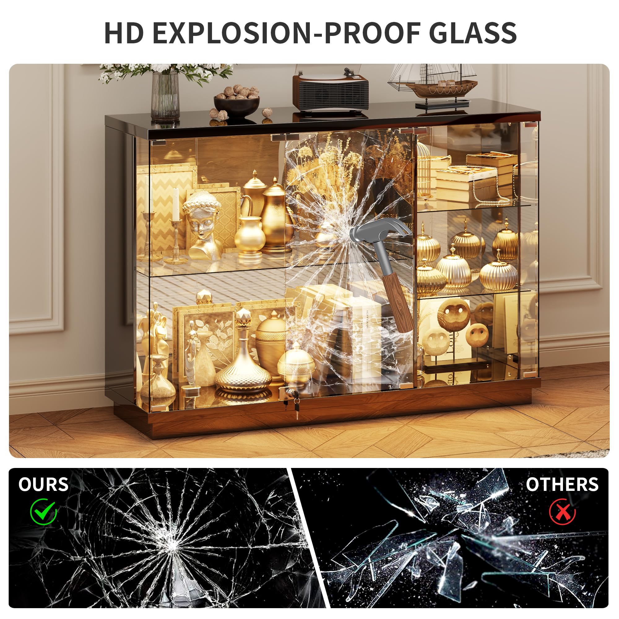 Guerxl Vitrina con Iluminación LED Y Función de Carga para Salón,120 CM Largo Vitrinas de Crista con Sensores Inteligentes Y Estantes de Vidrio Extraíbles para Oficina Personal,Coleccionables,Negro