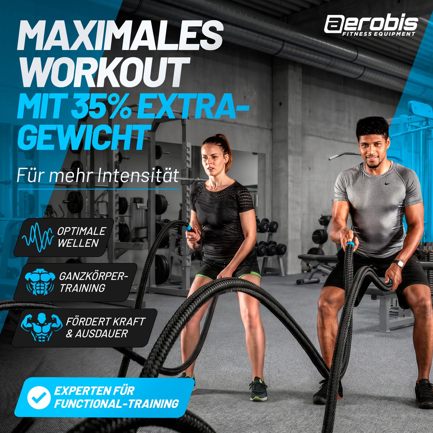 aerobis® Battle Ropes 30-40mm Durchmesser und 10-15m Länge inkl. Wandanker | Wetterfestes Trainingsseil | Videoanleitung & Trainingsplan