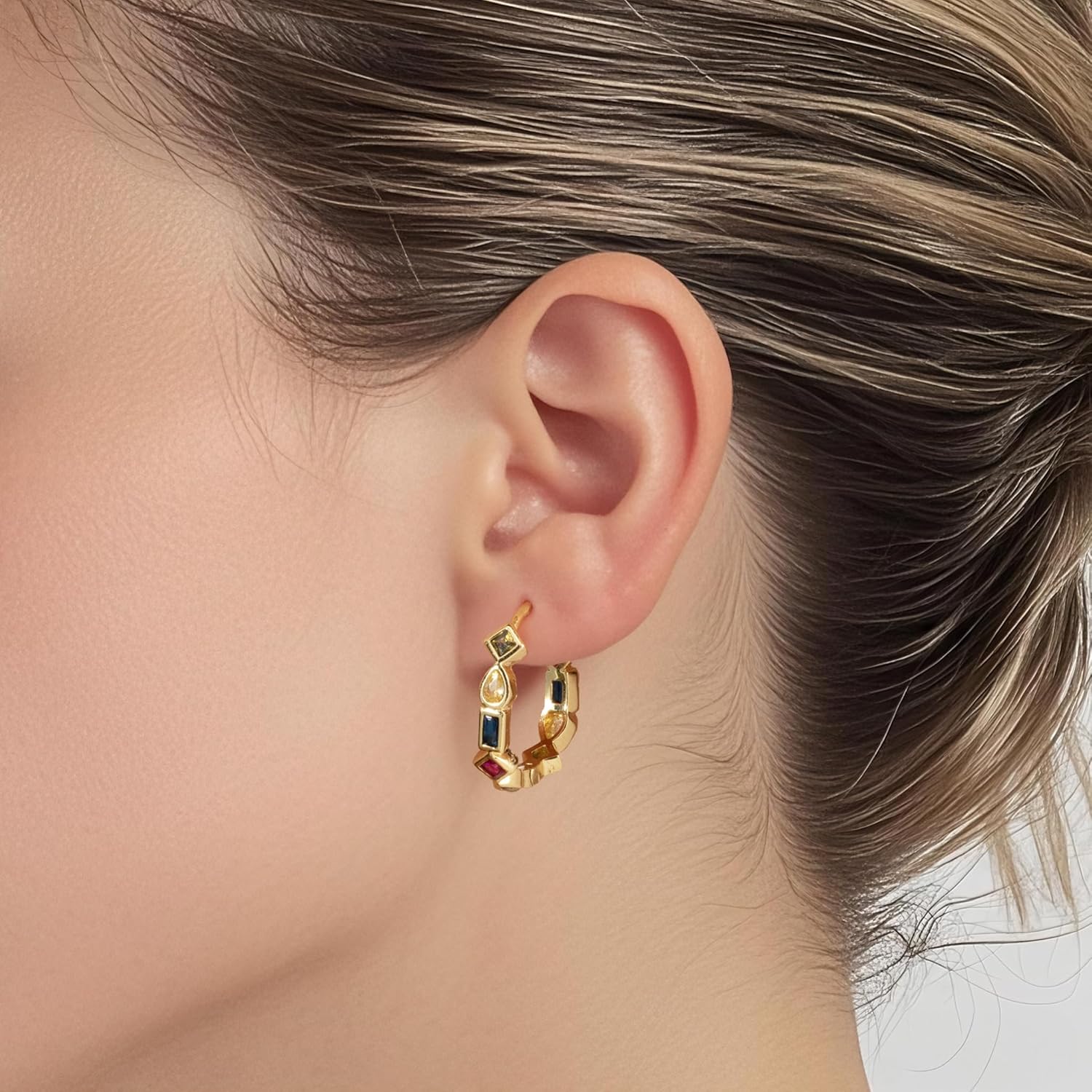 Dainty Gold Plated Hoop Earrings for Women, Trendy Small Colorful Geometry Cubic Zirconia Plated Huggie Hoop Earrings for Women Jewelry Gifts - Image 2