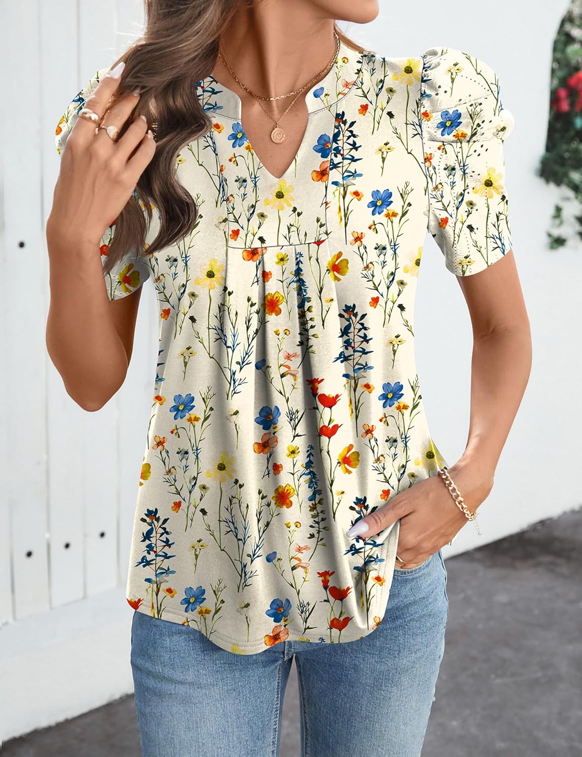 Women's Puff Short Sleeve Shirt V Neck Summer Tops Casual Fashion T Shirts Loose Fit Blouses - Image 2