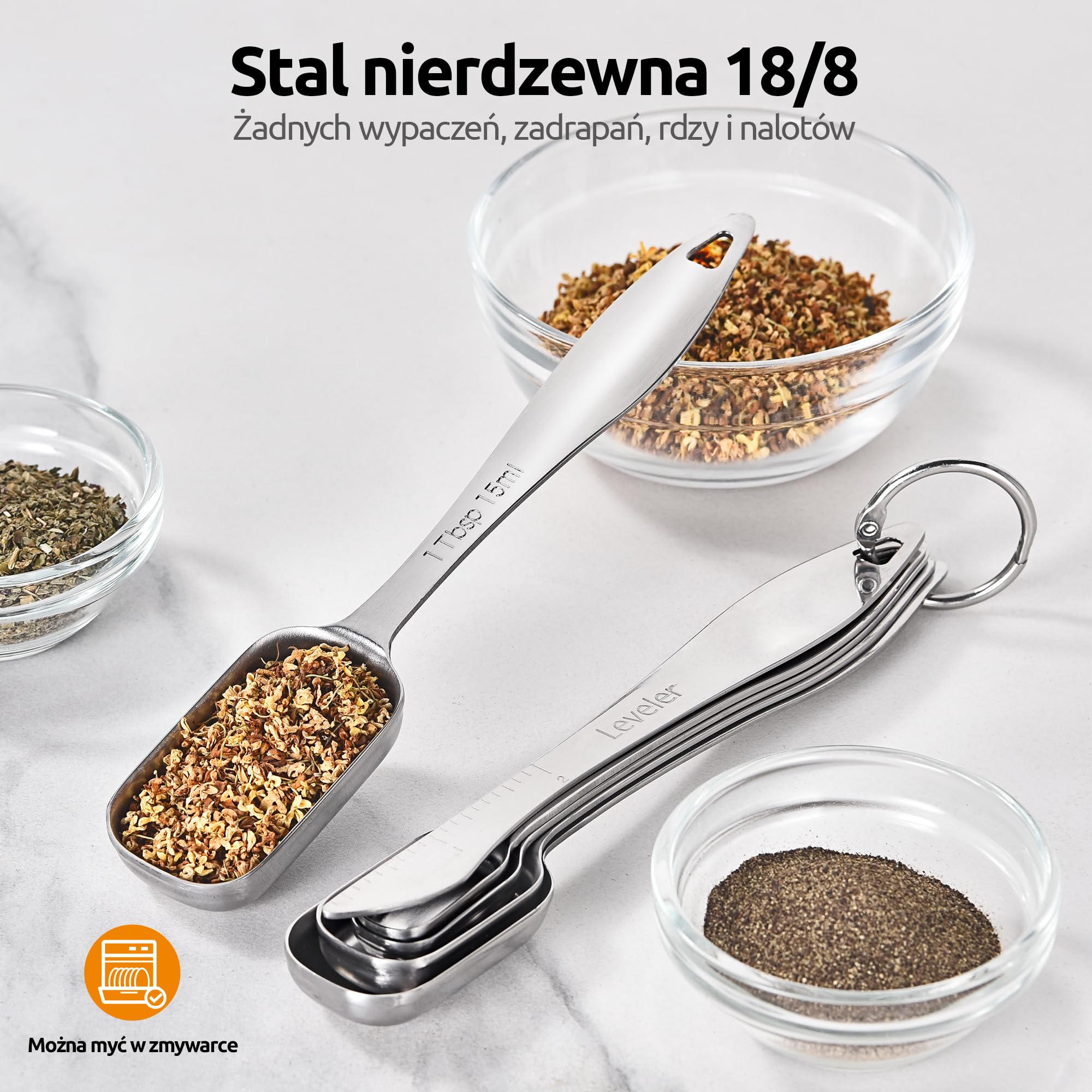U-Taste Łyżki pomiarowe ze stali nierdzewnej 18/8, kwadratowa metalowa miarka łyżeczka do herbaty łyżka stołowa z niwelatorami do suchych lub płynnych składników, gotowanie pieczenie, pasuje do