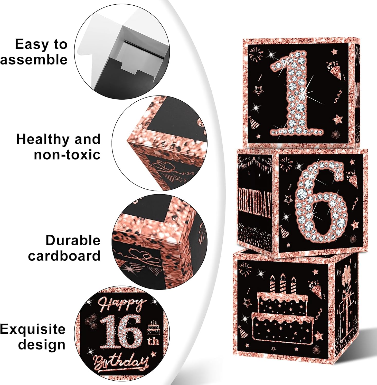 Eiurteao 3pcs 16th Birthday Decorations Boxes for Girls, Rose Gold Happy 16 Birthday Balloons Boxes Party Supplies, Sweet 16 Bday Theme Cardboard Box Decor - Image 4