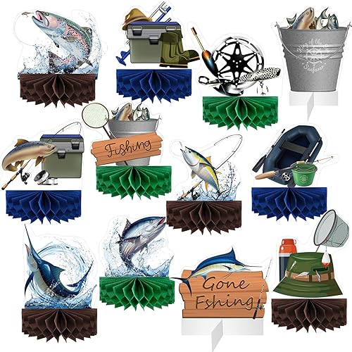12 piezas de decoraciones de pesca que se han ido a pescar, centros de mesa de pesca, decoraciones de fiesta de panal, suministros de fiesta de 12 piezas de decoraciones de pesca que se han ido a pescar, centros de mesa de pesca, decoraciones de fiesta de panal, suministros de fiesta de