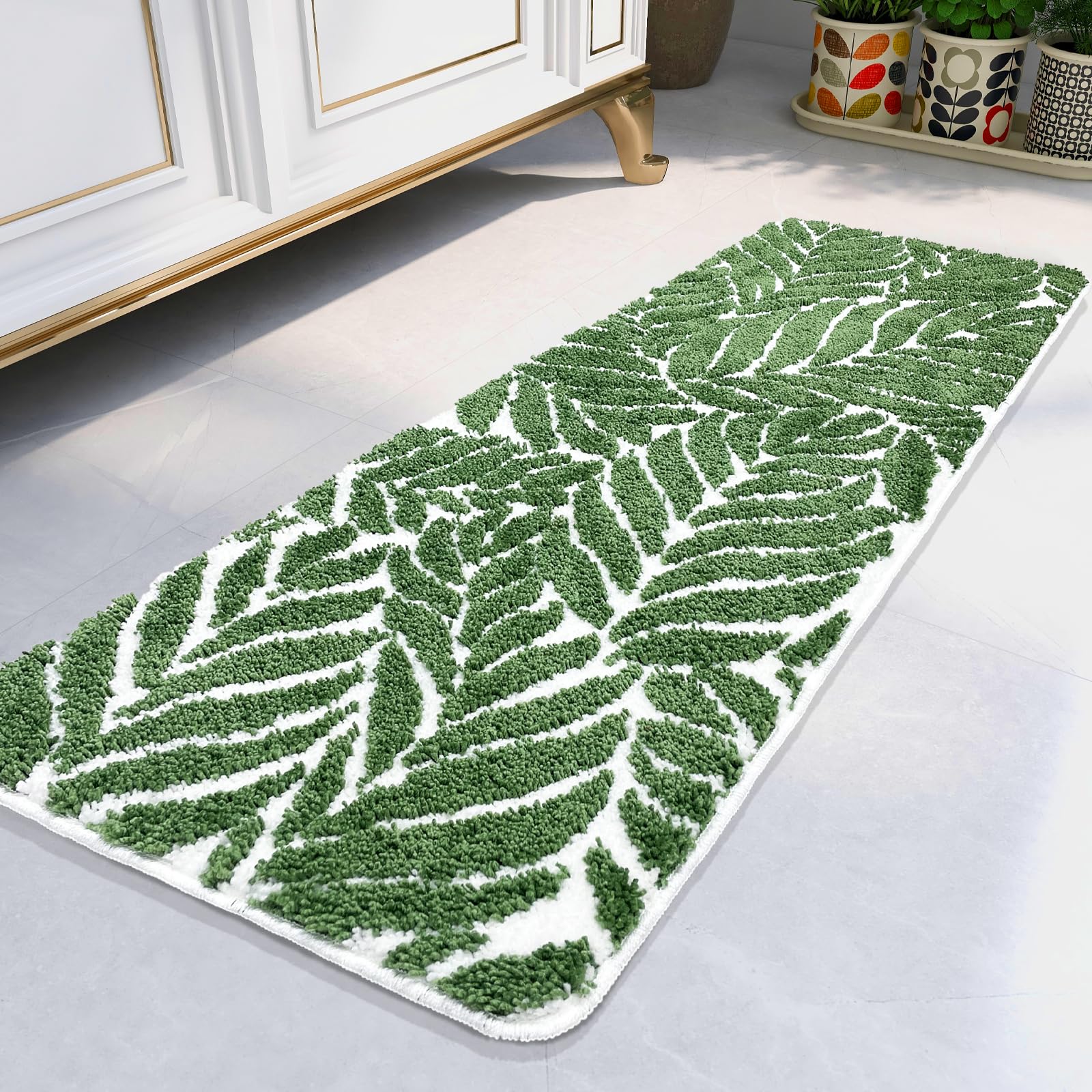 Homantic Bathroom Runner Rug - 4ft Long Bathroom Rug Green Long Bath Mat Leaf Bedroom Decor 47 Inches Rugs Water Absorbent Bath Rugs for Bathtub Leaves 18