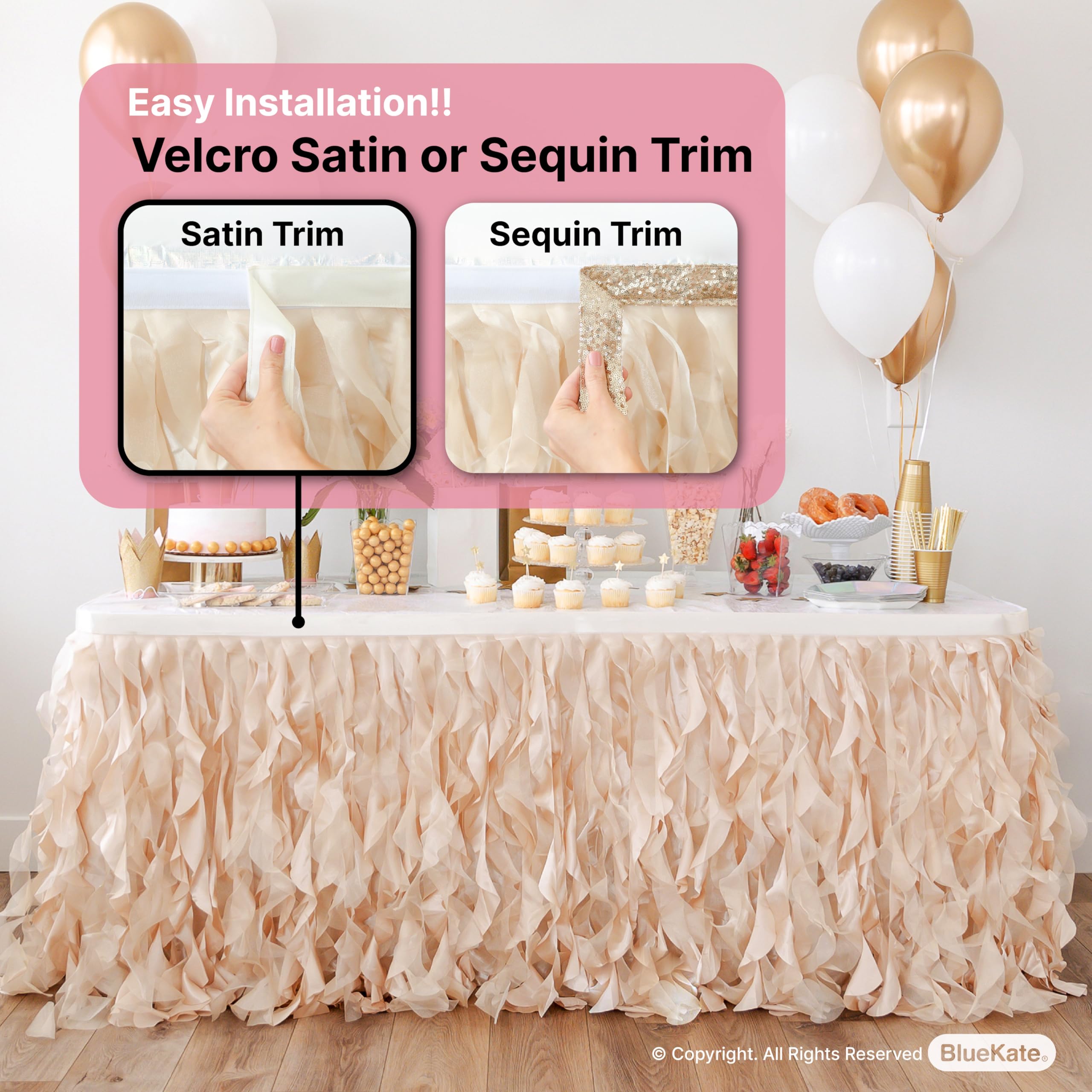 Bluekate Champagne Gold Table Skirt 9ft. Double Organza, Two Trims Party Tutu Table Skirt! Wedding Decorations Rustic Theme, Graduation, Gold Party Decorations. Table Skirts for Rectangle Tables 9ft