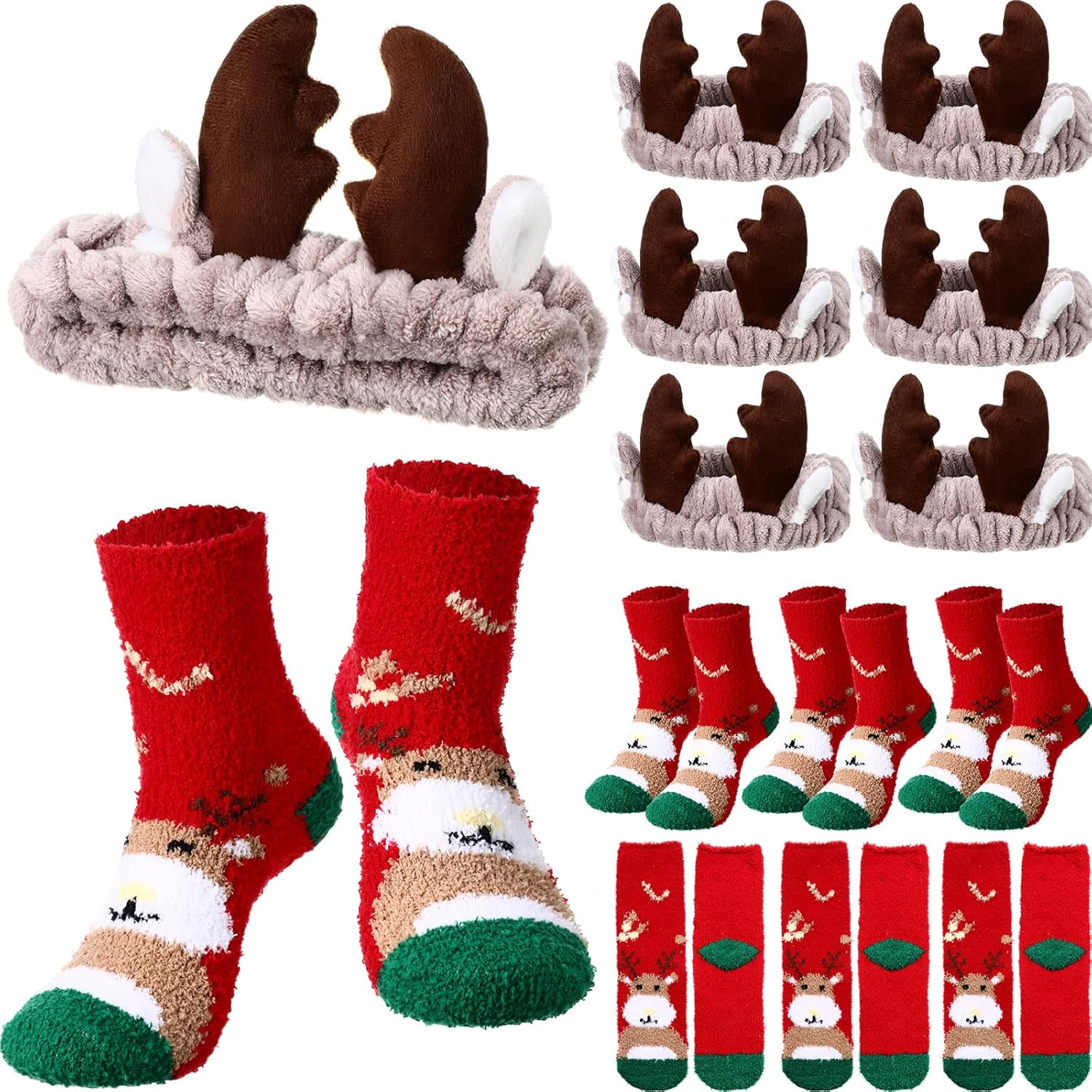 Hoteam 12 pieces Christmas Antlers Headband Fuzzy Socks Deer Ear Headbands Elk Headband with Christmas Holiday Socks for Christmas Party Gifts, Washing Face Sleepover Party Supplies