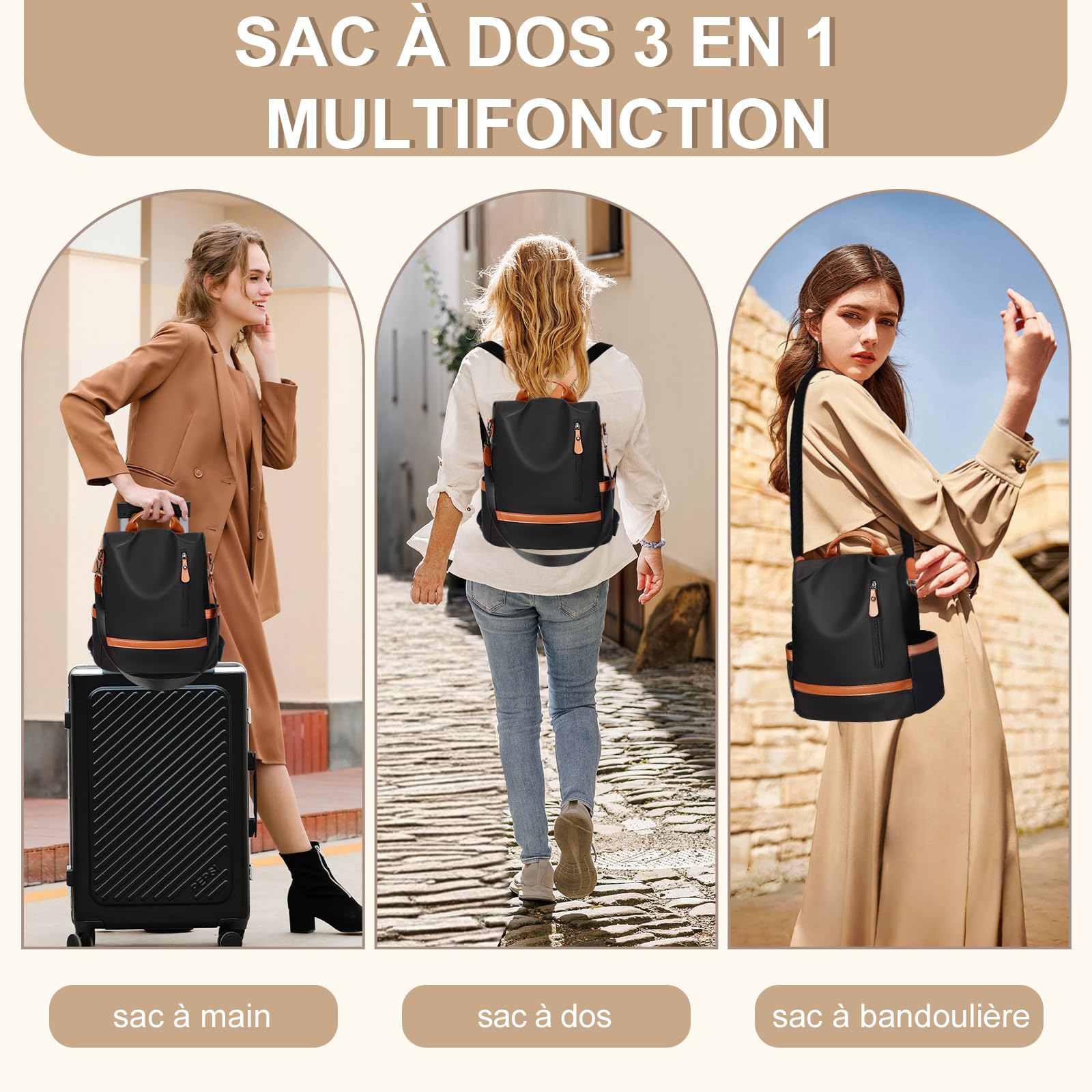 Eshow Sac a Dos Femme Antivol, Sacs à Main Portés Dos Elégant Léger, Petit Sac Bandoulière avec Pochette pour Voyage Travail Loisirs Université Noir
