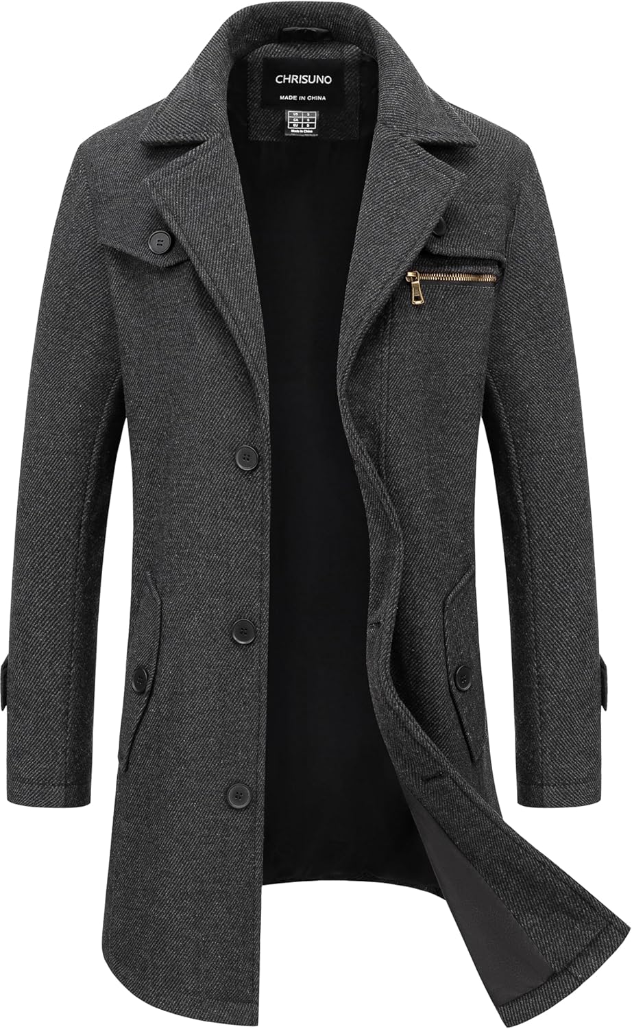 Chrisuno Men's Classic Long Pea Coat Warm Wool Blend Winter Trench Coat Single Breasted Overcoat with Detachable Collar