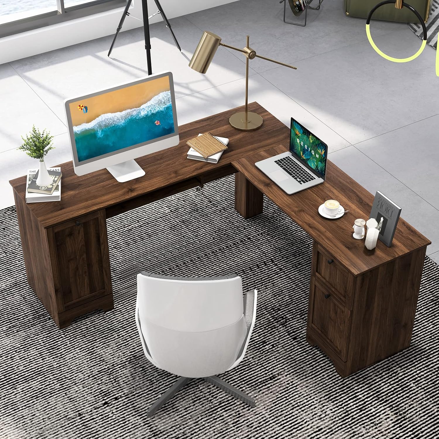 Tangkula L-Shaped Office Desk with Storage Drawers & Keyboard Tray, Home Office Corner Computer Desk with Cabinet & Inner Adjustable Shelf, Space-Saving Study Writing Desk, Computer Workstation