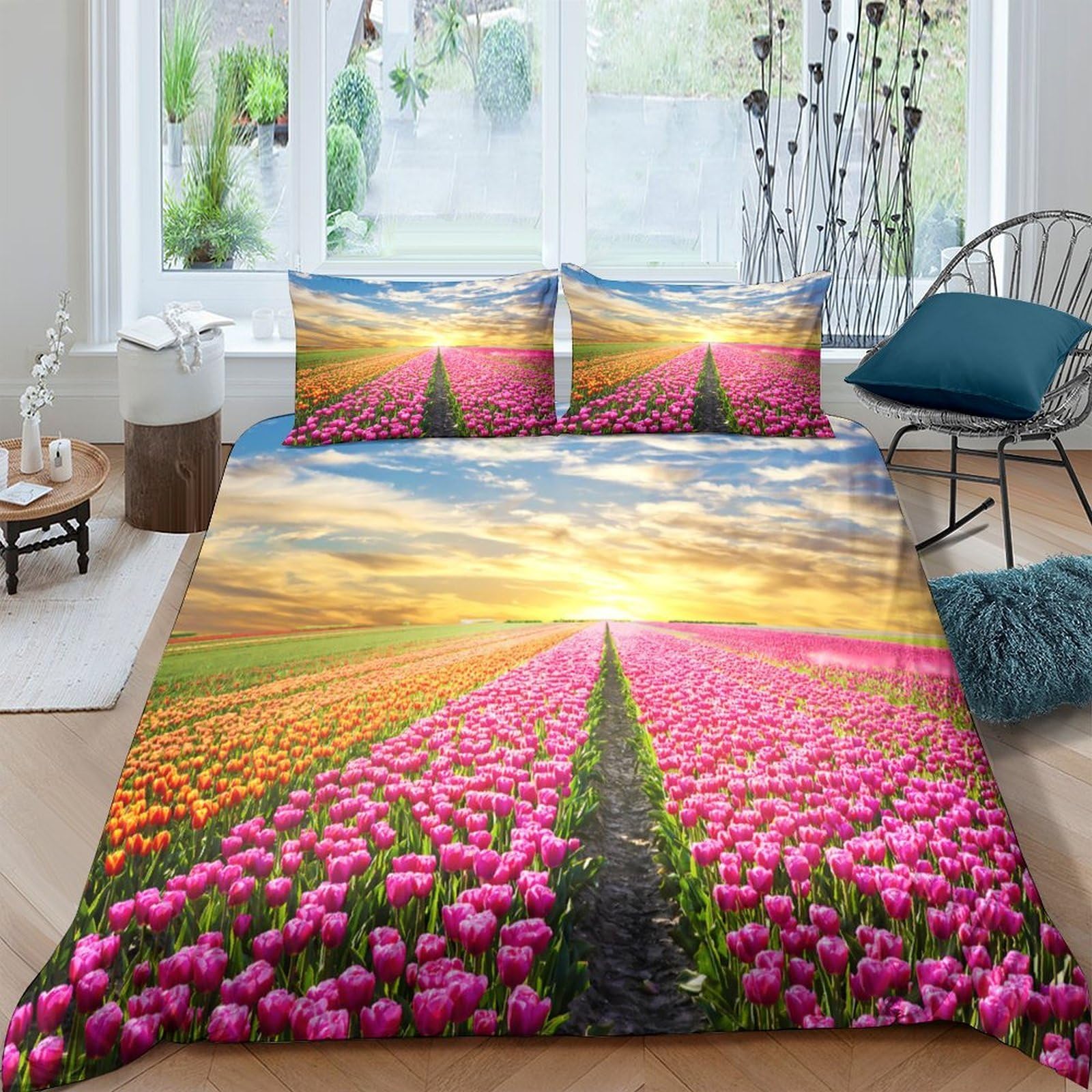 Ctjqhvkz Style-7 3D Printed Sunrise Tulip Field Fitted Sheet Microfiber Soft Anti-Slip Bed Cover For Bedroom Dorm Decor Single（135X200cm）