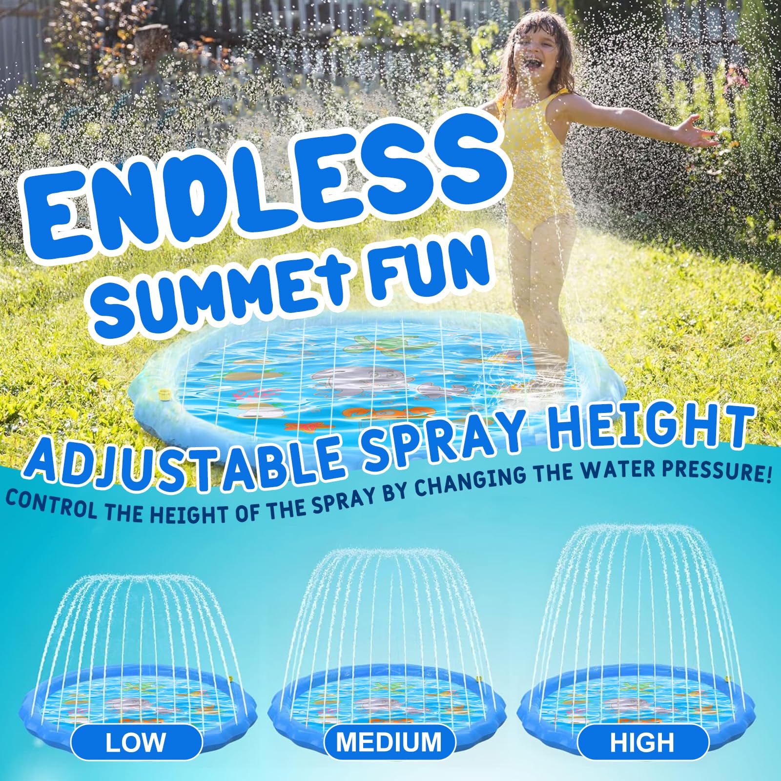 Tappeto Spruzzatore Acqua per Esterno 170 cm, Gioco Acquatico Estivo per Bambini 2 3+ Anni con Attacco per Tubo Giardino, Parco Giochi con Fontana per Cortile, Piscina Animali Domestici