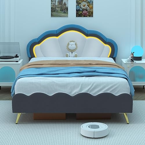 Marco de cama LED inteligente tapizado Queen con cabecera ajustable, marco de cama de plataforma tamaño Queen con soporte de listones de madera, no