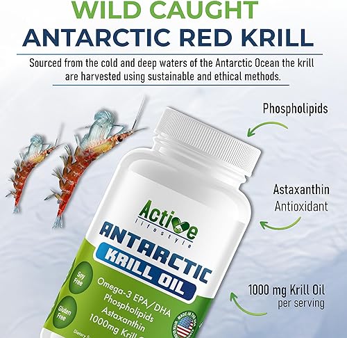 Miniatura 8 de Active Lifestyle Suplemento de aceite de krill antártico, alta absorción EPA, DHA, astaxantina y fosfolípido, krill rojo, sin OMG, sin gluten, sin