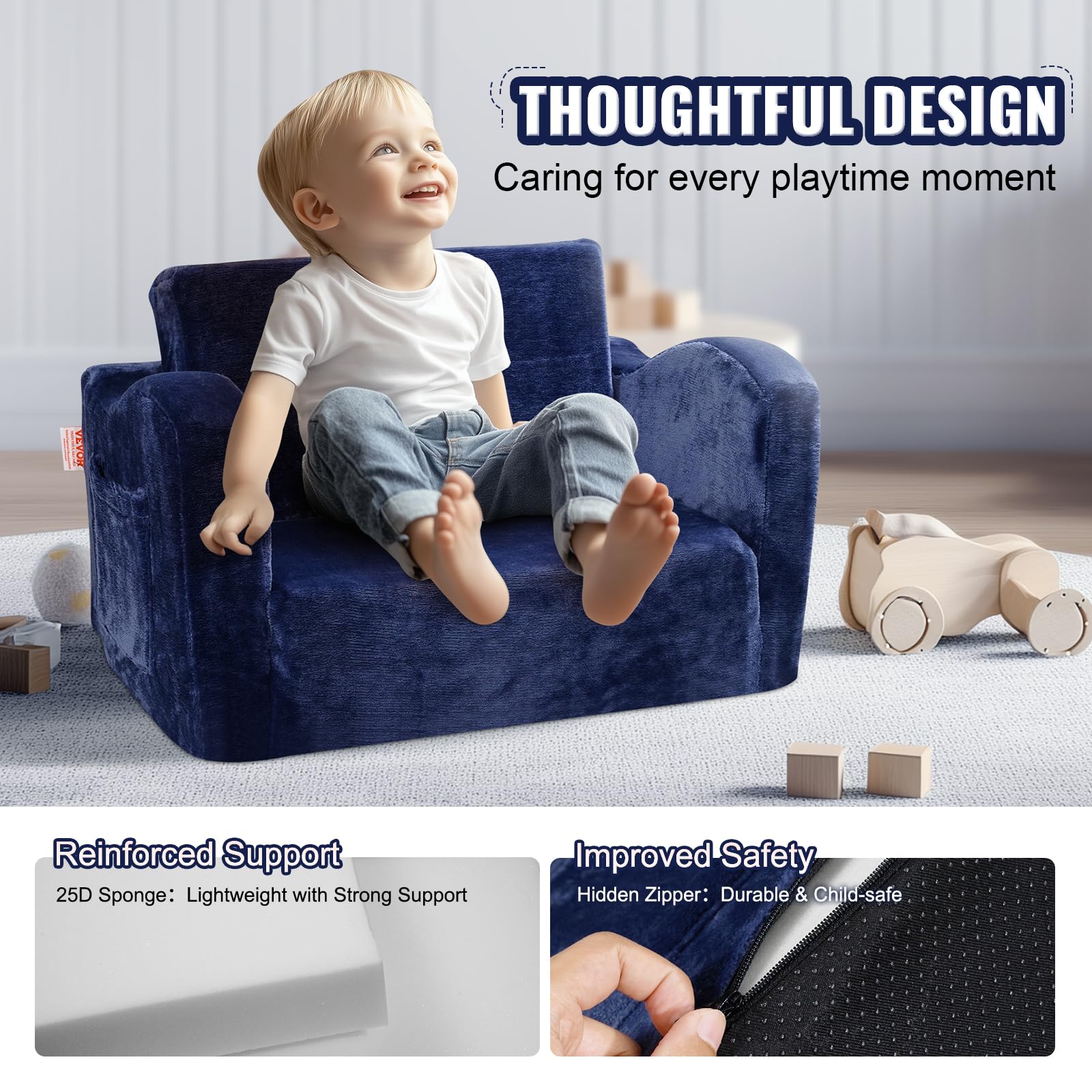 VEVOR Divano per bambini, 2 in 1, comodo divano letto pieghevole, convertibile da divano a lettino, sedia per bambini, mobili per la stanza dei giochi, per bambini e ragazze, blu
