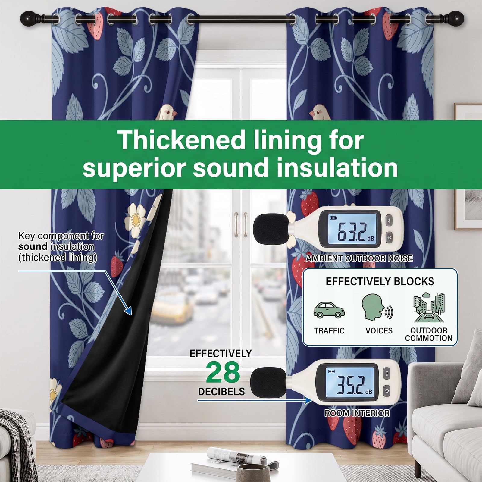 Generisch Blickdichte Vorhänge Set Ländlich Klassisch mit Ösen, Frucht Erdbeere Verdunklungsvorhänge Thermo Isoliert 2 Stück - Bedruckte Gardinen Deko für Wohnzimmer Schlafzimmer 229 x 117 cm (H x B)