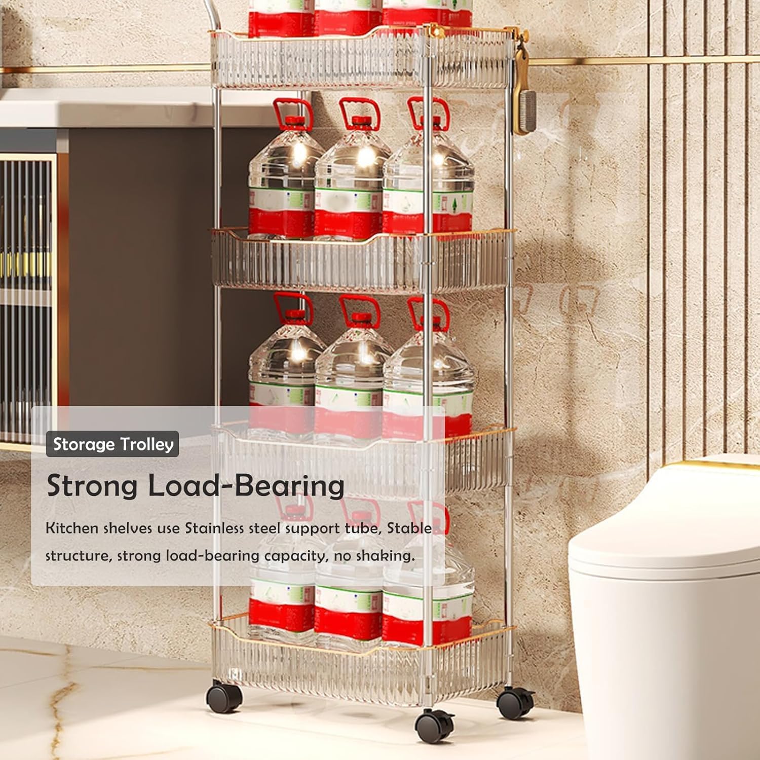 Acrylic Rolling Utility Cart with Handle, Mobile Storage Trolley with Lockable Wheels, Organization Shelves for Bathroom and Kitchen Clear 2 Tier