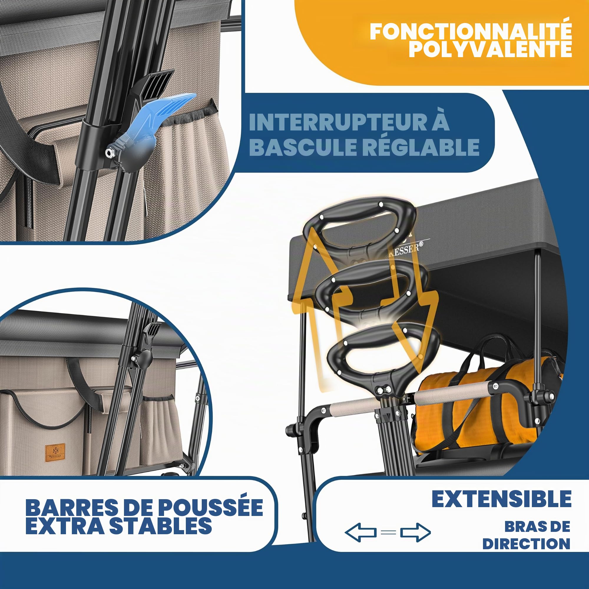KESSER GTS-9100 Chariot de transport pliable avec toit Charge maximale 150 kg Avec roues en caoutchouc dur et freins de stationnement avant/arrière Avec serrure, couverture, intempéries et brise-vue