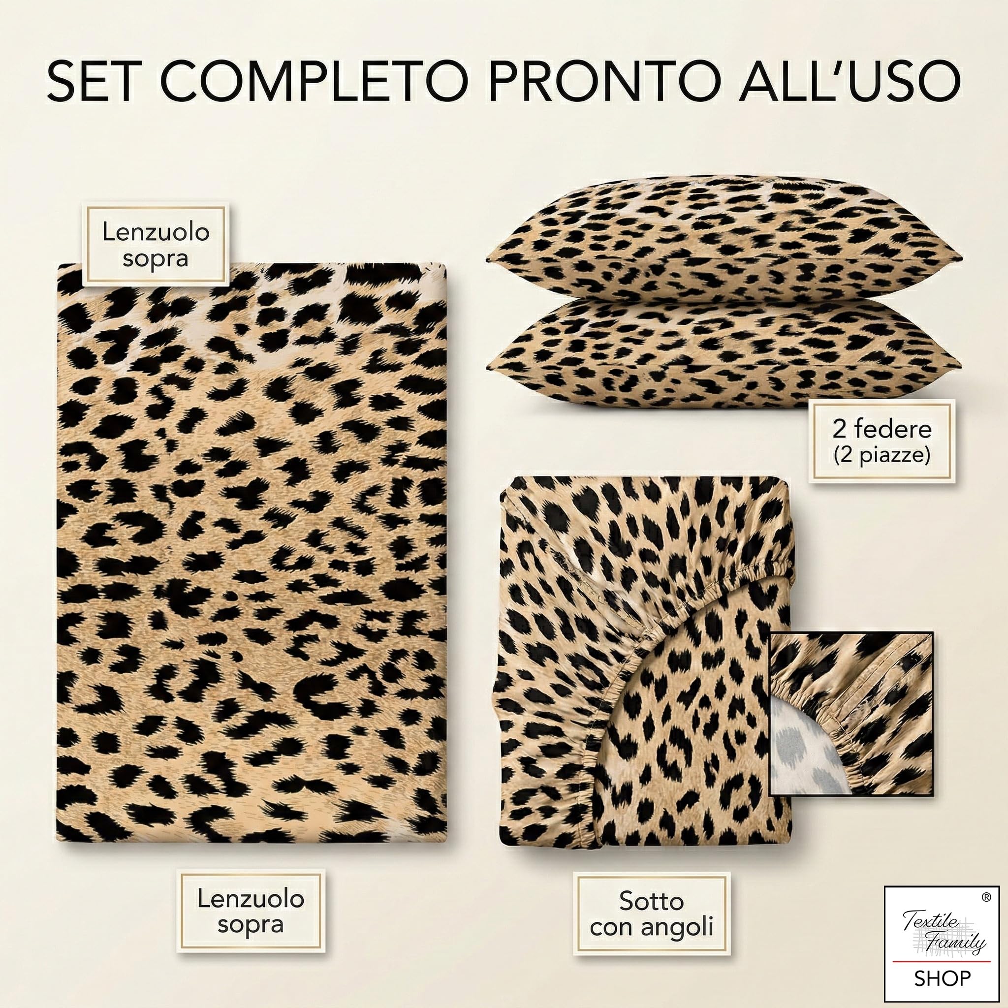 Tex family Completo Lenzuola Maculato Leopardato – 100% Cotone Made in Italy – Set con Lenzuolo Sopra, Lenzuolo Sotto con Angoli e Federe – Design Animalier Safari - Una Piazza