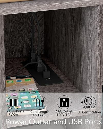 Miniatura 6 de Yusong Soporte para tocadiscos con estación de carga, mesa auxiliar de arena nocturna de mediados de siglo con armario de almacenamiento de discos