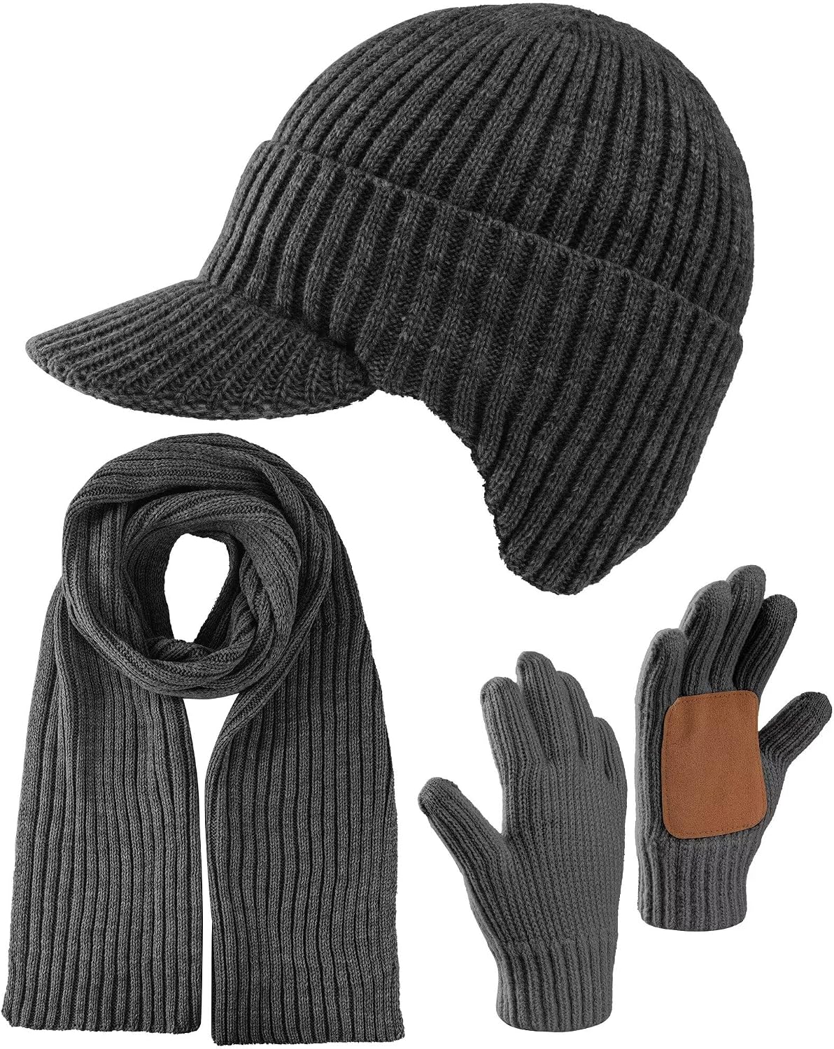 Women's Winter Accessories Set, 3-Piece Knit Beanie Hat, Touchscreen Gloves, Neck Warmer & Ear Warmer Headband, Soft Fleece Lined Cold Weather Essentials Gift Set for Women-21 Dark Charcoal