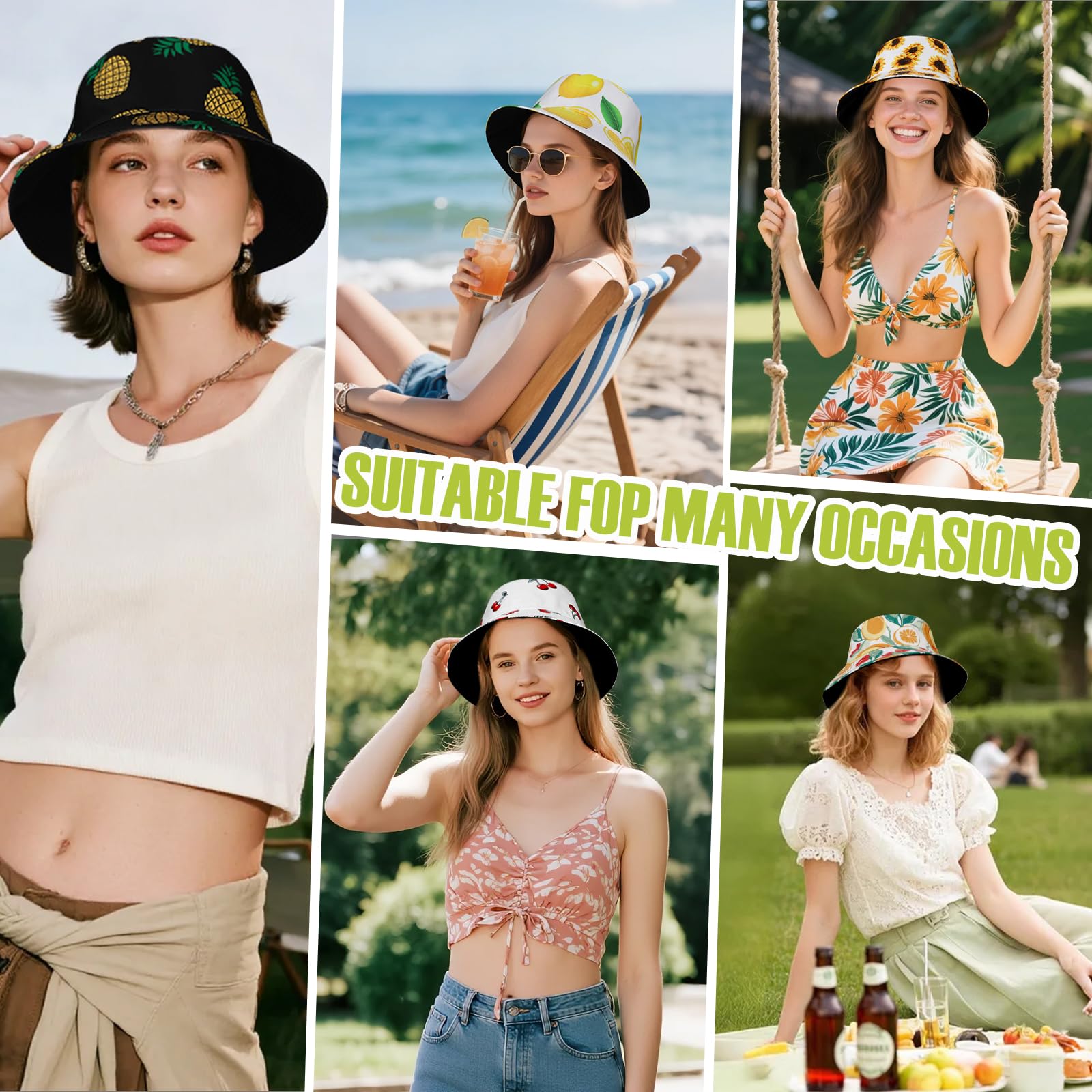Mujer Sombrero de Pescador Reversible Algodón Bucket Hat, Protección UV Frutas Impresión Vacaciones Sombrero de Sol Ligera Gorra de Pesca, Plegable Verano Gorros de Playa para Viaje Fiesta