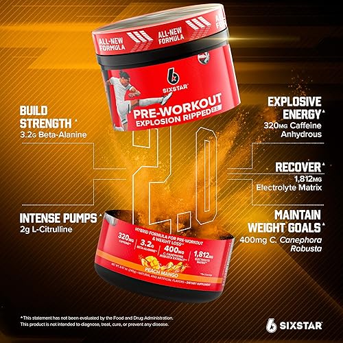 Miniatura 10 de Six Star Pre-Workout Explosion Ripped 2.0 Watermelon - Polvo de resistencia con cafeína, beta-alanina, tampón de ácido láctico, recuperación de