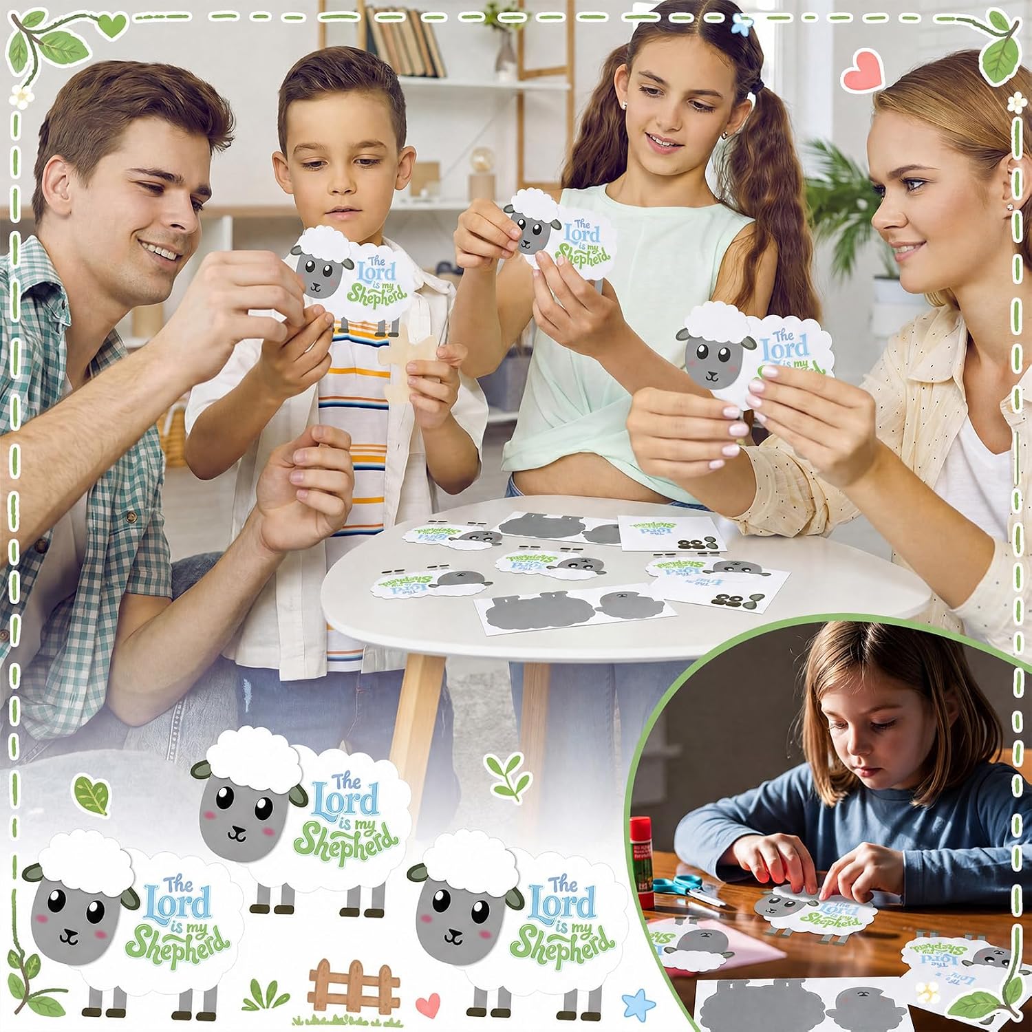 Motipuns 24 Sets The Lord is My Shepherd Craft Kit, Psalm 23 Sheep Lamb Paper Crafts for Kids, Religious Stickers for Sunday School Bible Class Church Activities and Classroom Projects