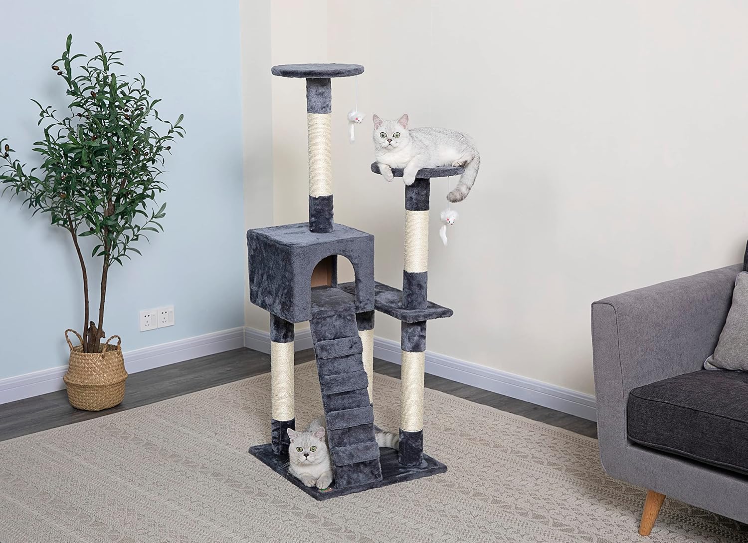 Go Pet Club 52" Compact Cat Tree Kitty Tower Kitten Condo House Furniture with Toys and Ladder for Indoor Cats, Gray