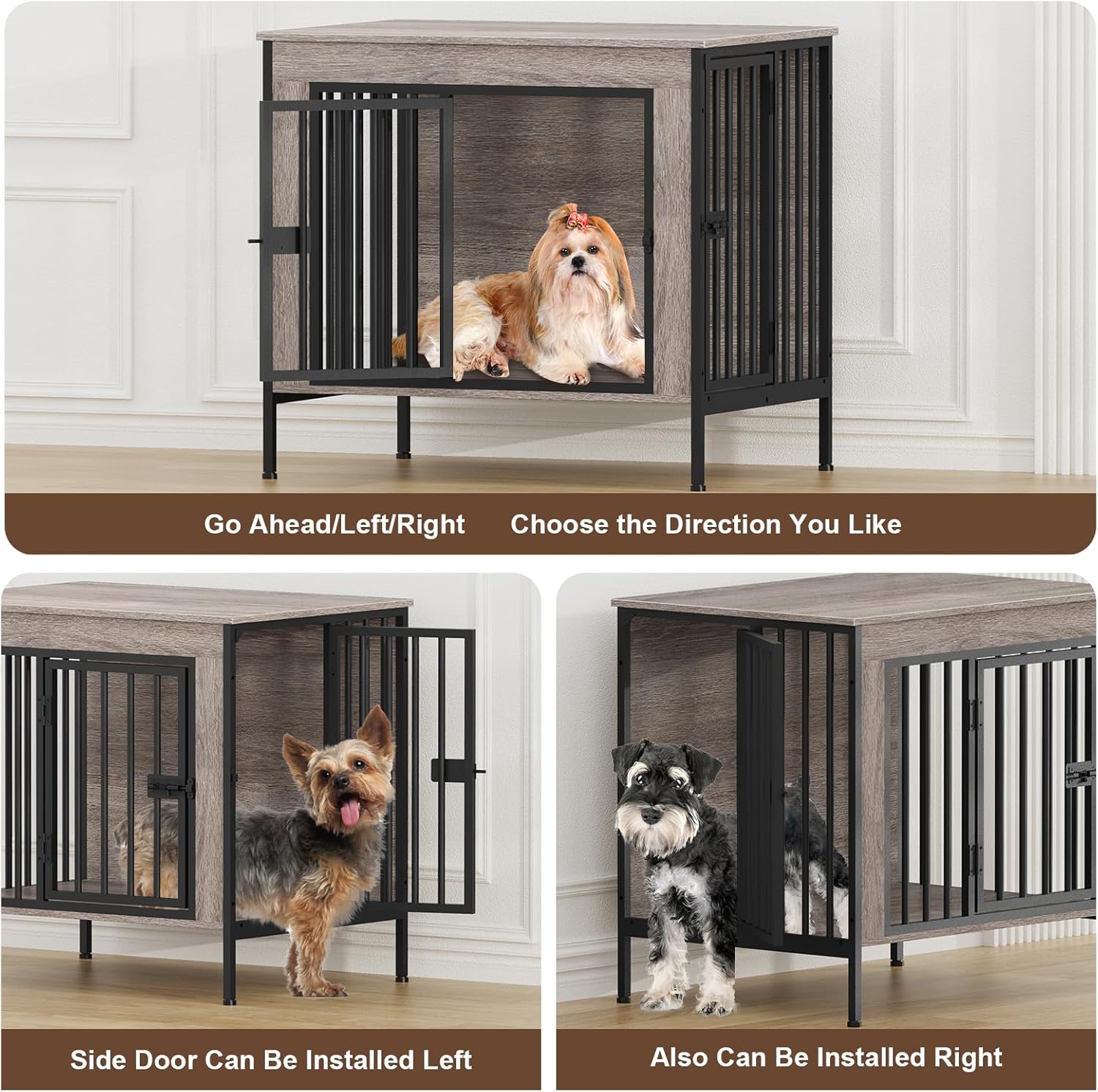 EasyCom Dog Crate Furniture showing flexible side door installation options