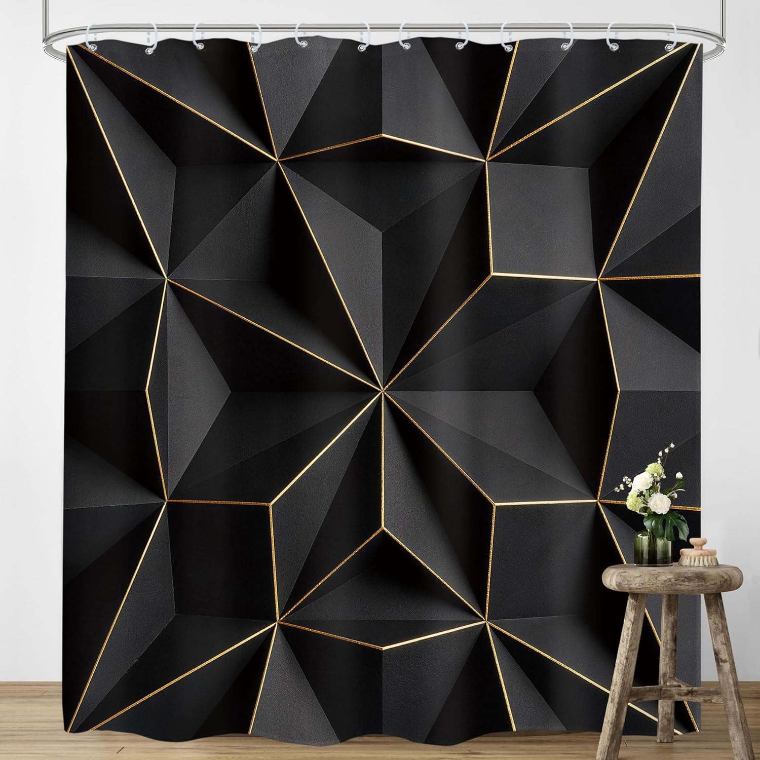 LIGHTINHOME Extra Long 3D Black Gold Geometric Shower Curtain 72Wx84H Inches Modern Abstract Luxury Triangle Minimalist Cloth Fabric Waterproof Polyester Bathroom Home Decor Set with Hooks