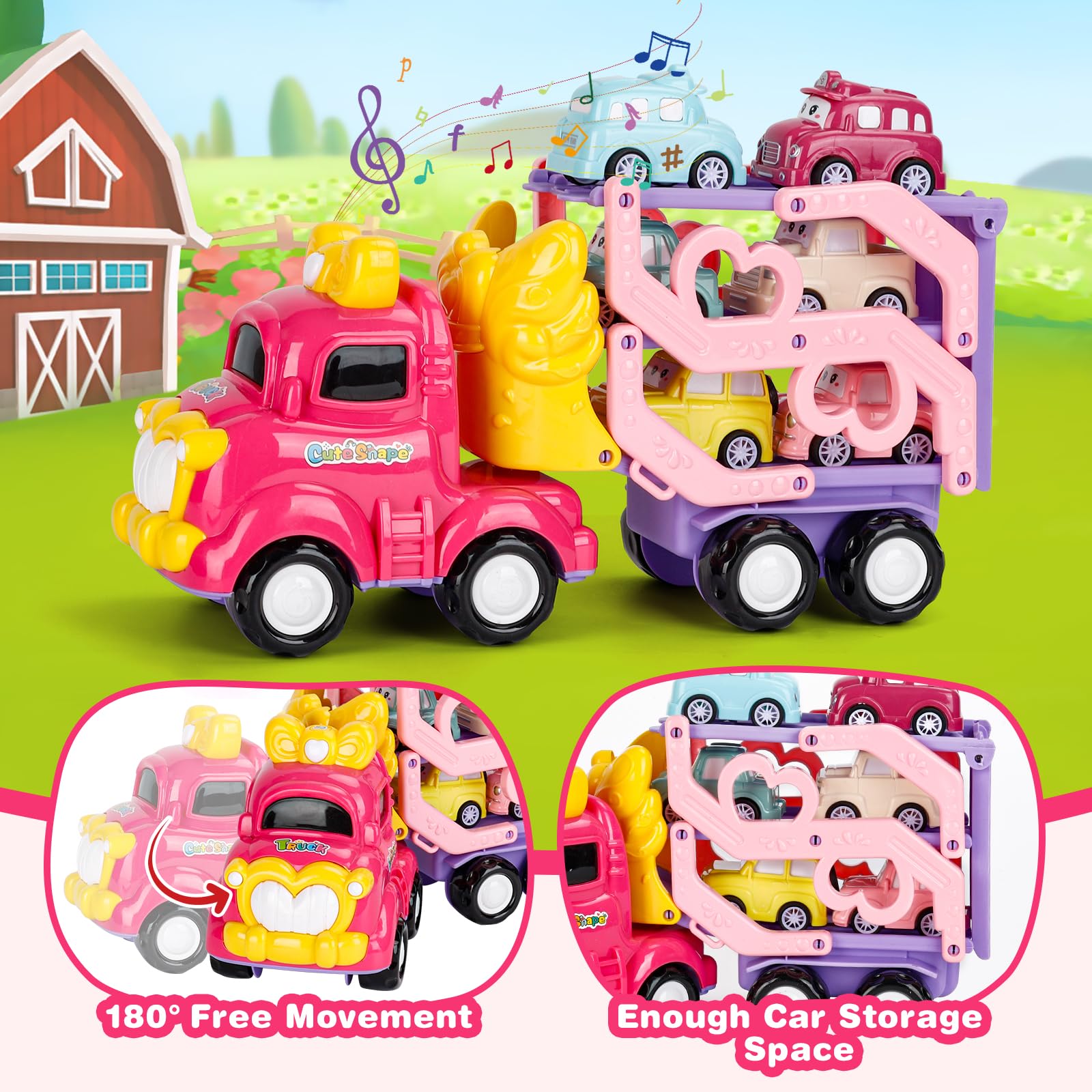 YGNNXRN Camion Macchinine per Bambini 1 2 3 anni, 7 in 1 Camion Giocattolo per Bambini 1-3 Anni con Suoni e Luci Camion da Trasporto a 3 Strati per Bambini, Bambine e Ragazze, Regalo di Compleanno