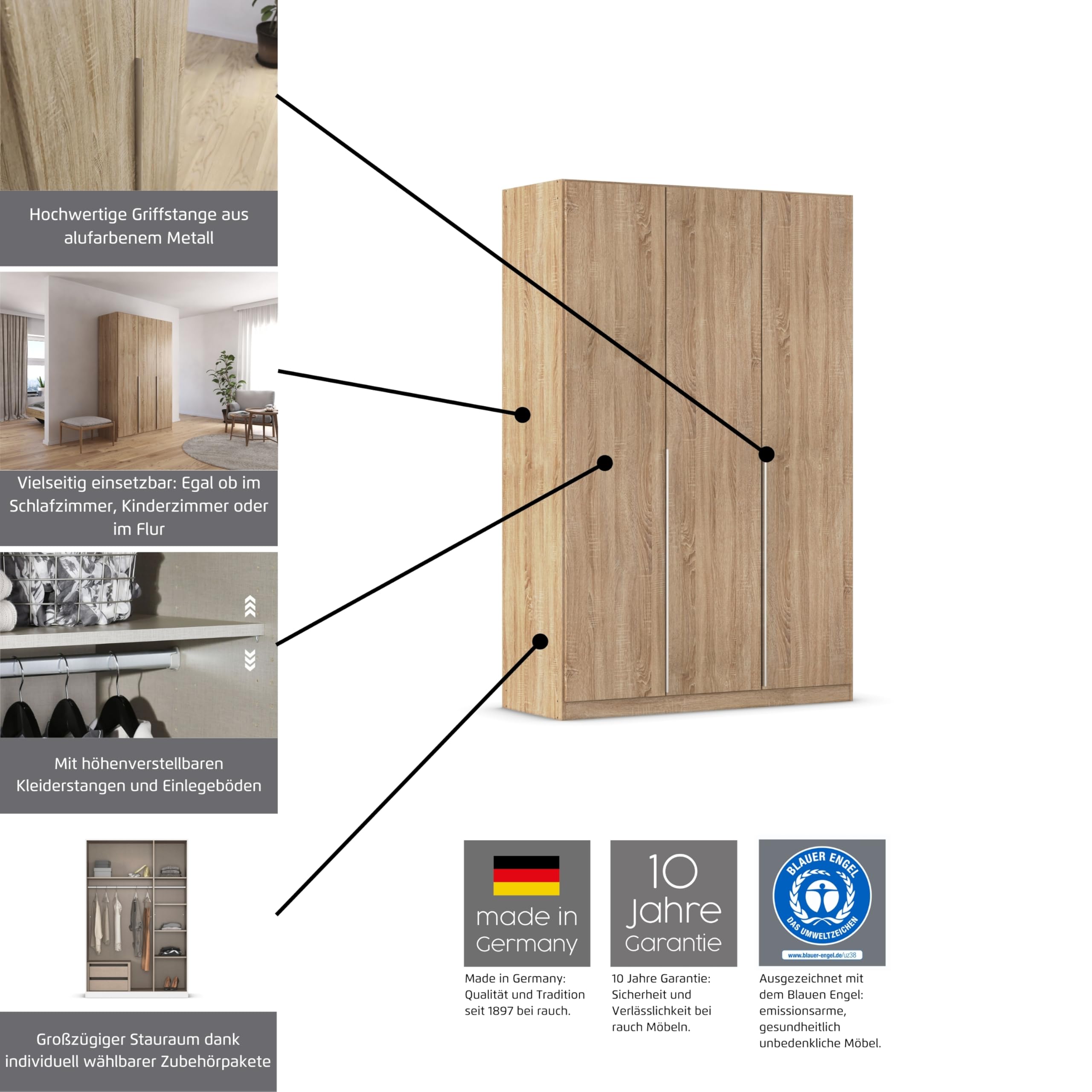 Rauch Möbel Alabama, Kleiderschrank für Schlafzimmer, Kinderzimmer, Wohnzimmer, Garderobe, Flur, 8-türig, mit Zubehör Premium, Farbe Weiß, Breite 360 cm