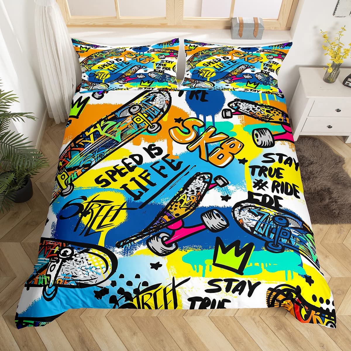 Housse de couette skateboard enfant parure de lit simple graffiti fille garçon