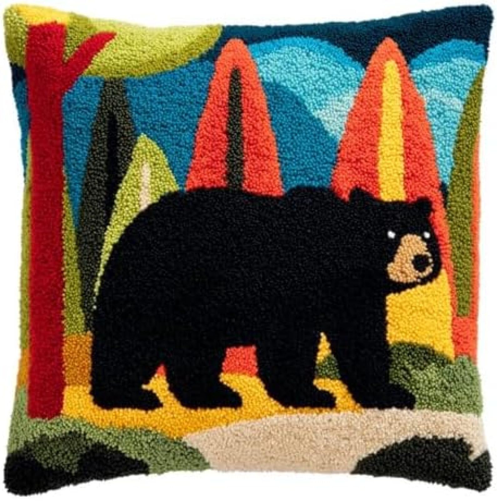 kitphoenix Latch Hook Kit for Adults,Black Bear Foraging in Forest DIY Cushion Cover,Pre-Printed Embroidery Crochet Kit for Beginners,43x43cm,Craft Gift for Women