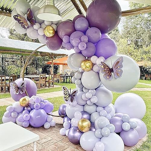 Miniatura 5 de MOMOSHERO Kit de guirnalda de arco de globos de mariposa, globos de color morado metálico pastel claro con mariposa de aluminio lila lavanda para