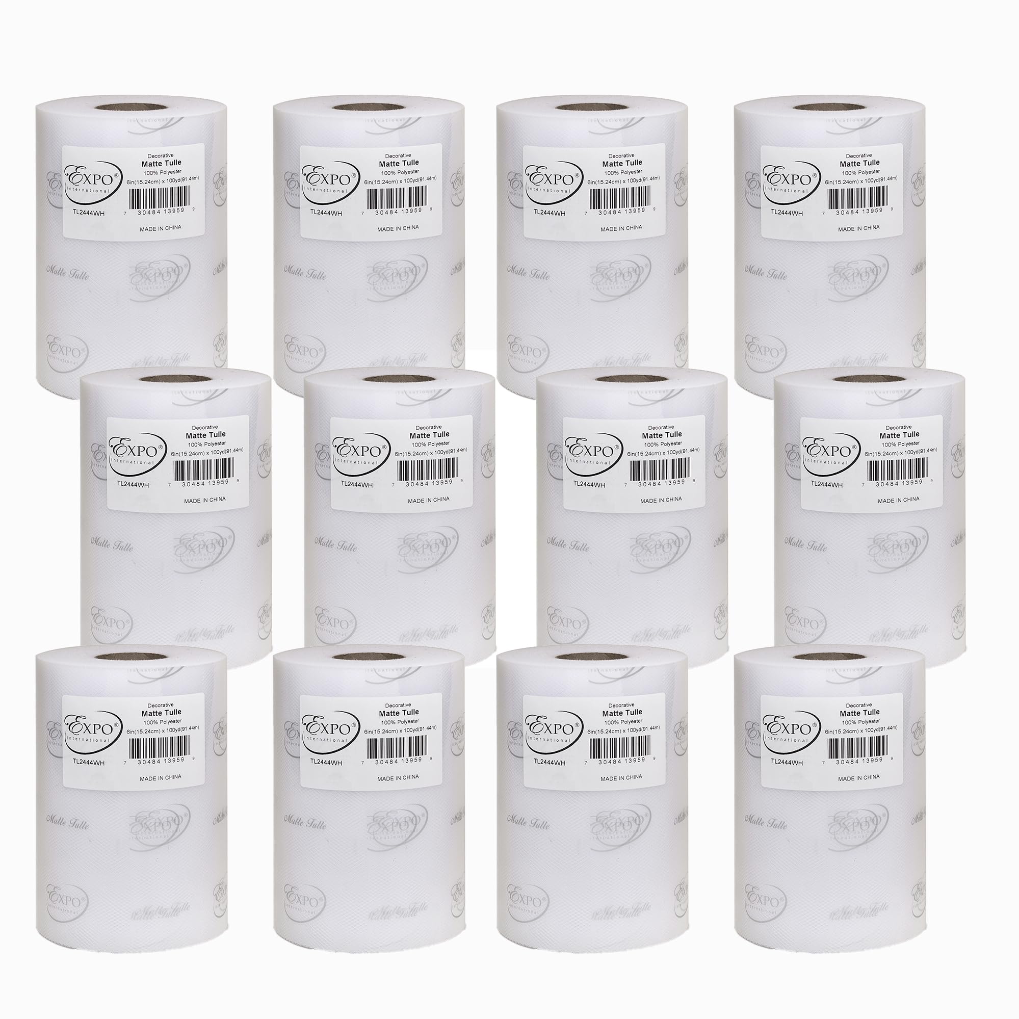 Expo International Decorative Matte Tulle, Roll/Spool of 6” X 100 Yards, Lightweight Polyester Tulle Fabric for Tutus, Costumes, and Party Decorations, Washable, Easy-to-Use, Pack of 12, White