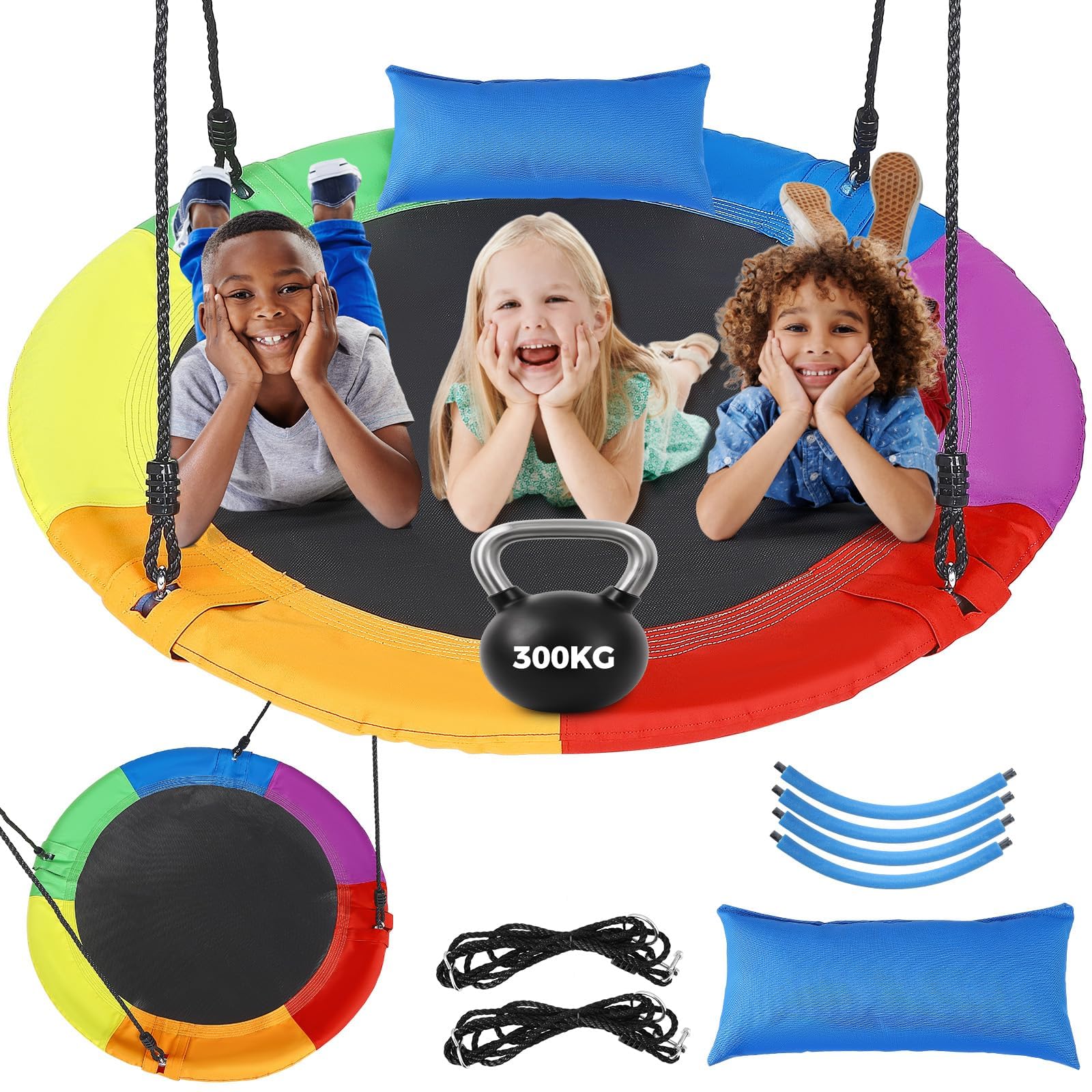 100cm Nest Swing Seat,300kg Weight Capacity, 900D Textilene Weatherproof Round Tree Swing with Adjustable Hanging Ropes, Safe Outdoor Kids/Adult Swing for Backyard