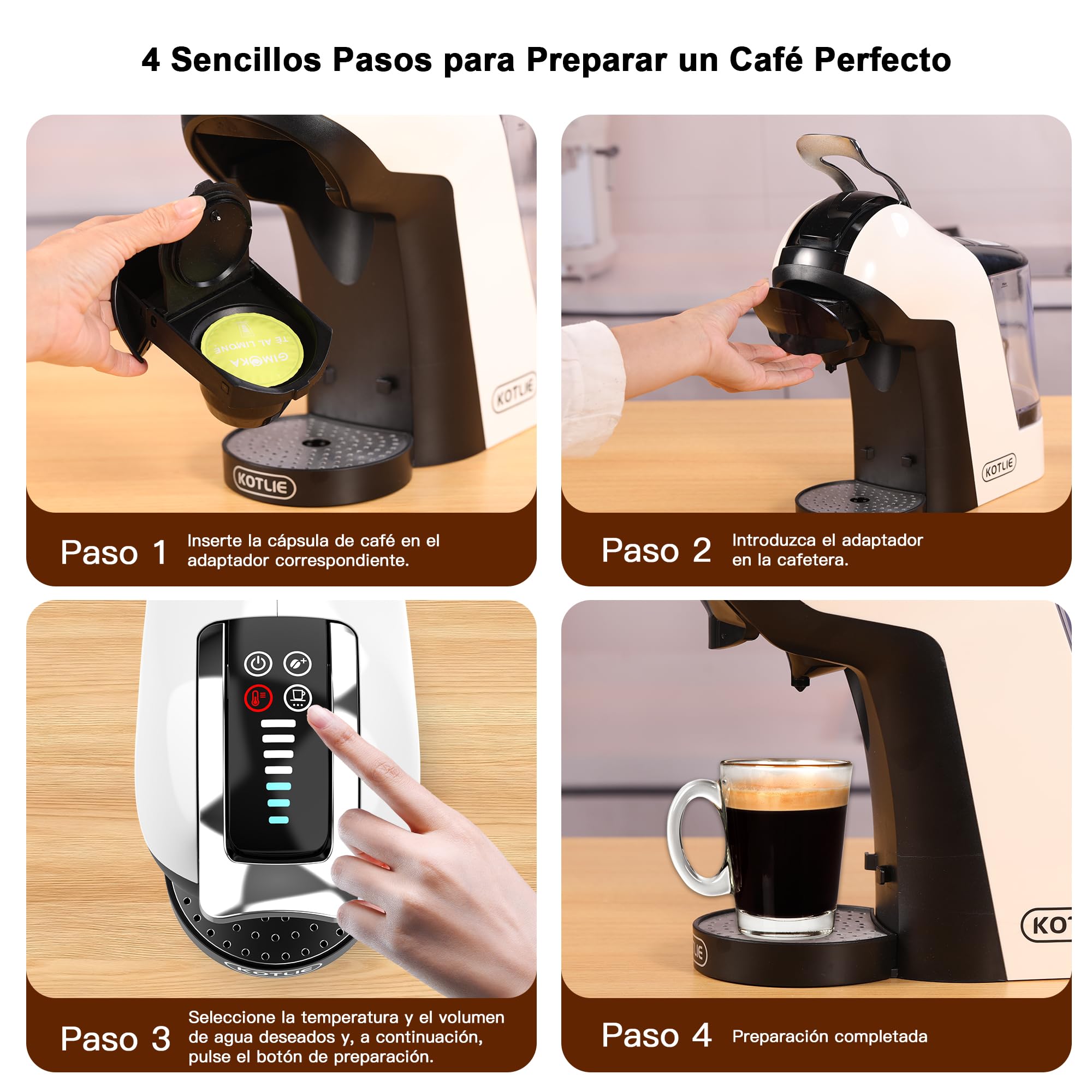 KOTLIE 5 en 1 máquina de café cápsulas 19 Bar, máquina multi-cápsula para Nespresso/Dolce Gusto/pastillas ESE (44mm)/polvo de café, depósito de agua 1L, 3 temperaturas/7 cantidades de agua