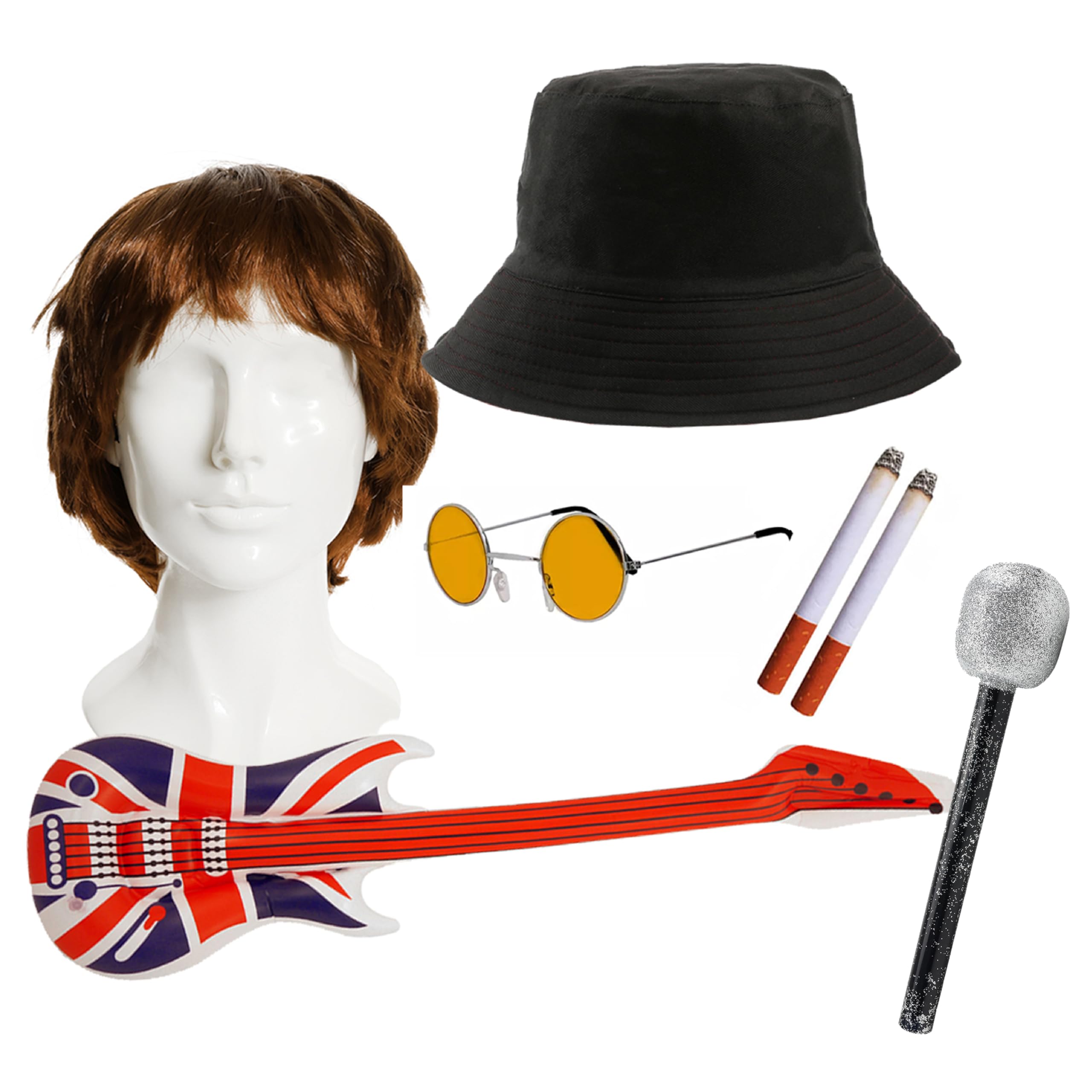 Adults Rock Band Accessory Set - Brown Wig, Black Bucket Hat, Round Blue Glasses, Inflatable Guitar, Microphone, Fake Cigarettes - Adults 7-Piece Music Best of British Fancy Dress Accessory Set