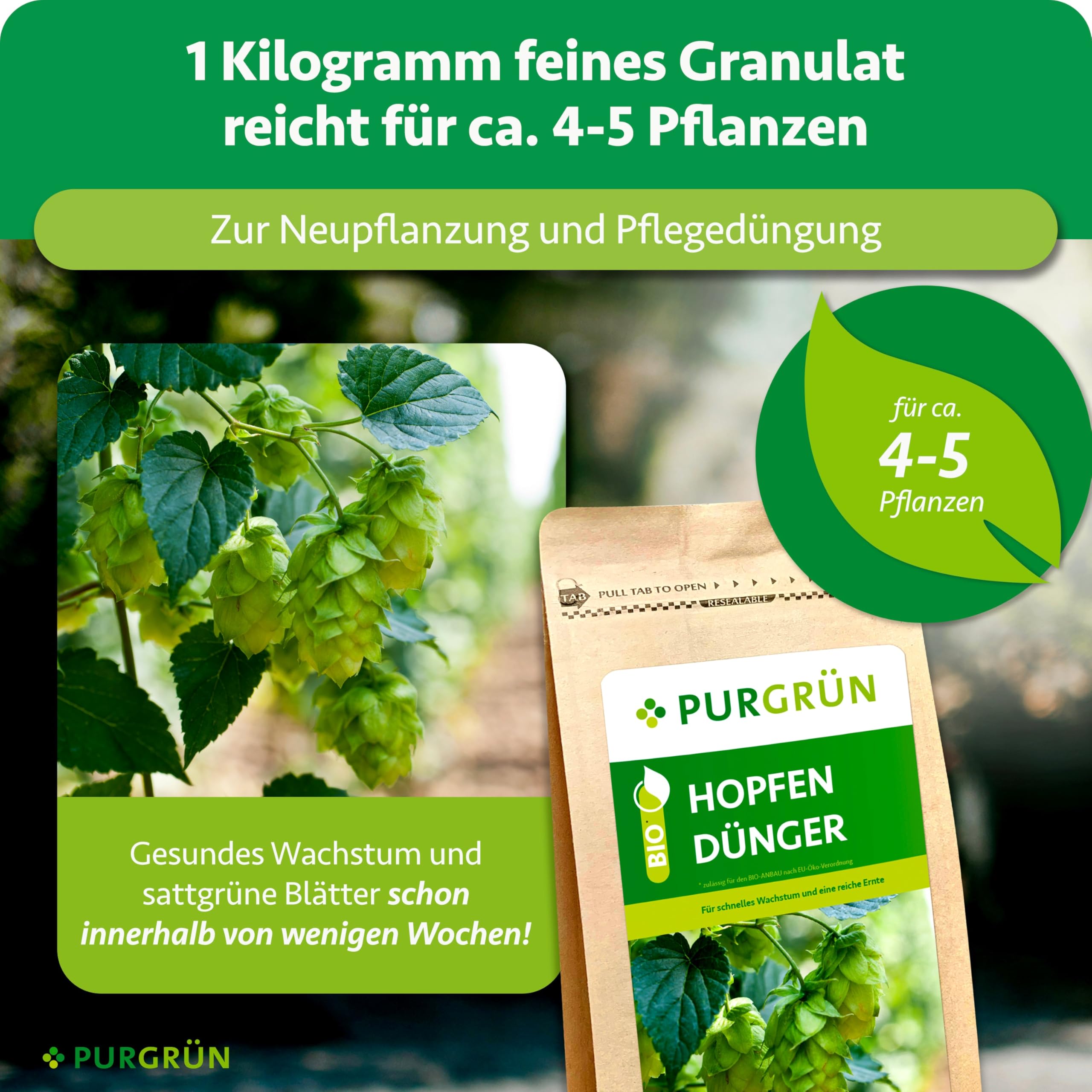 Bio-Hopfen-Dünger 1 kg – Organische Rezeptur – Feinkörniges Krümelgranulat – NPK 6+2+7 – Extra Magnesium für prächtigen Hopfen – Zur Verbesserung der Bodenqualität - Vegan
