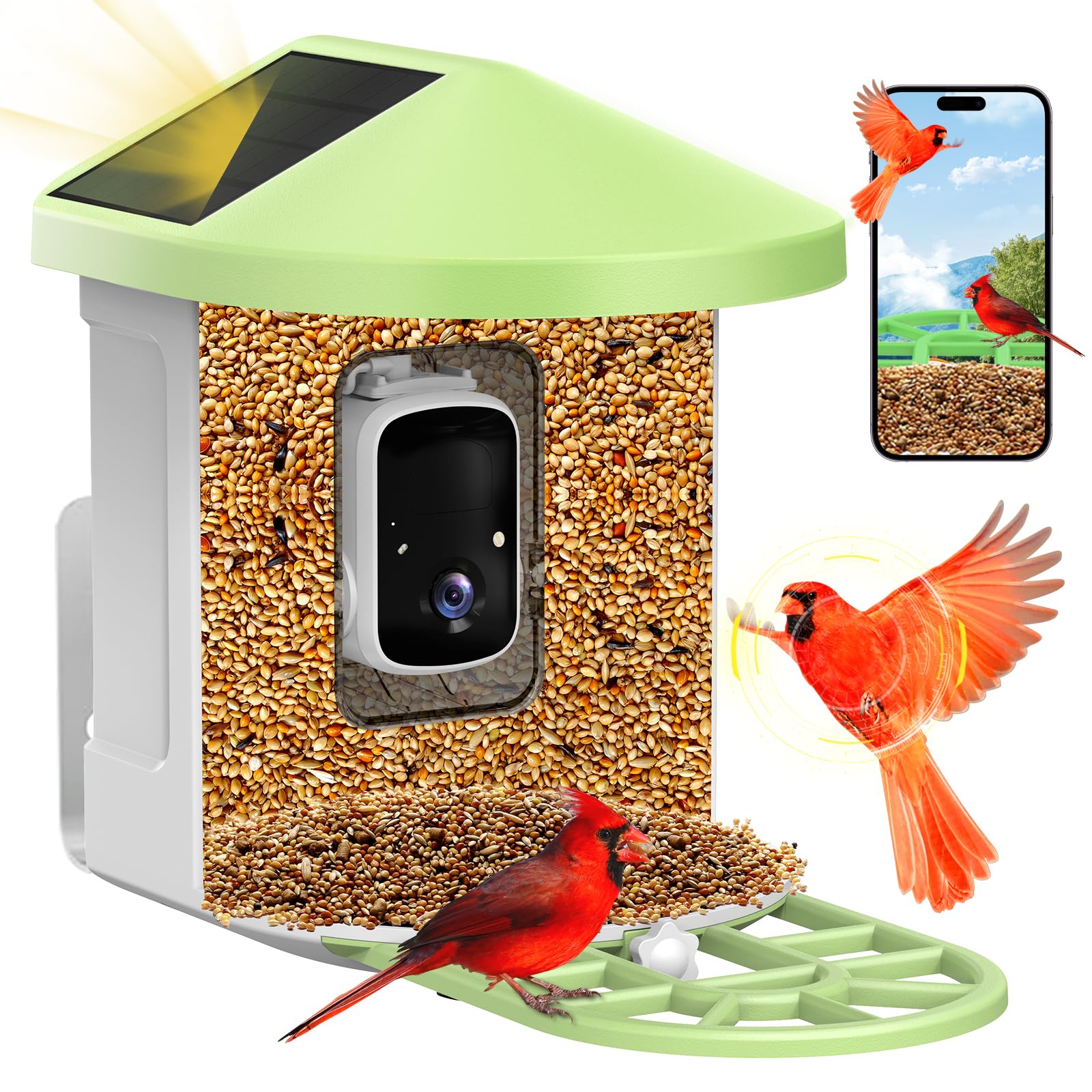 Solar Powered Bird Feeder Camera, AI Smart Feeder with 1080P HD Color Vision, Auto Capture and Motion Detection, Includes 64G Card