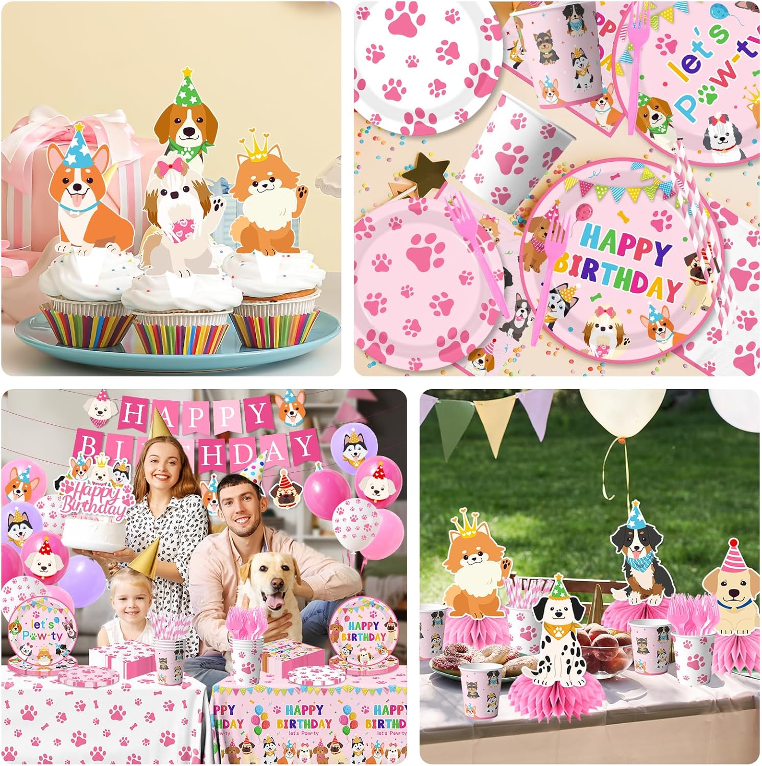 Dog Birthday Party Decorations Include Lets Pawty Plates Napkins Pink Puppy Tablecloth Banner Balloons Cupcake Toppers Tableware Set for Girls Puppy Birthday, Dog Party Decorations Serves 24