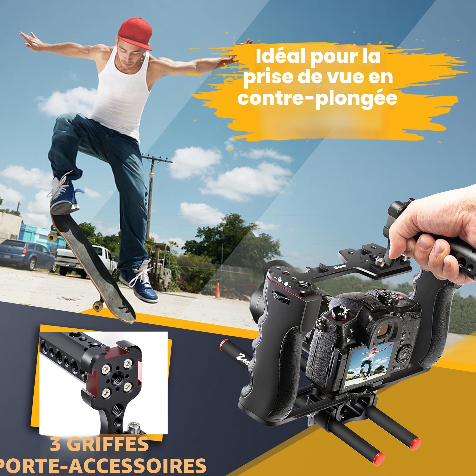 Zeadio Cage de rig vidéo pour Appareil Photo, kit de réalisation de Films avec poignée supérieure et Base de Type Arca & Guide de Tige, Compatible avec Tous Les caméscopes Reflex numériques