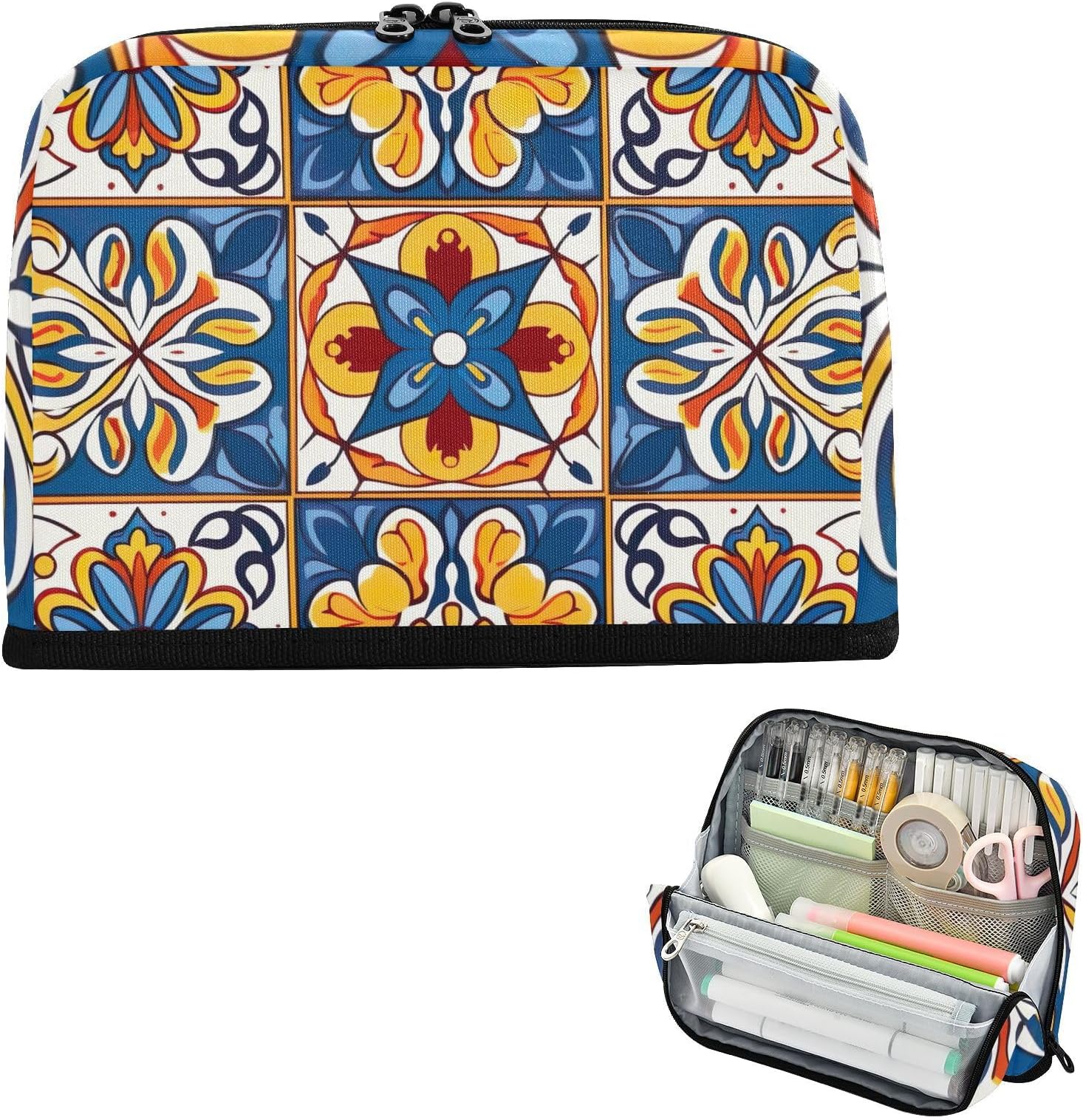 Mexican Talavera Standing Pencil Bag with Smooth Zipper and Sturdy Base, Large Capacity Marker Case Portable Pouch Desk Organizer for School, Office, Travel - Kids Adults Teens