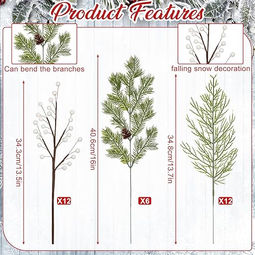Miniatura 8 de Tigeen Juego de 30 púas de pino de bayas de Navidad, 3 estilos de 13.5 pulgadas, 13.7 pulgadas, 16 pulgadas, agujas artificiales de ramas de pino