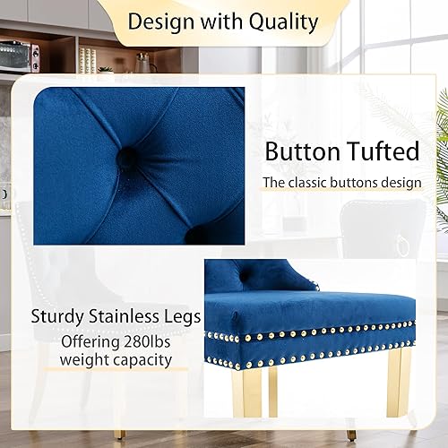 Miniatura 75 de Juego de 2 sillas de comedor, sillas de terciopelo copetudas con patas de acero inoxidable doradas, anillo de metal con ribete de remache, respaldo