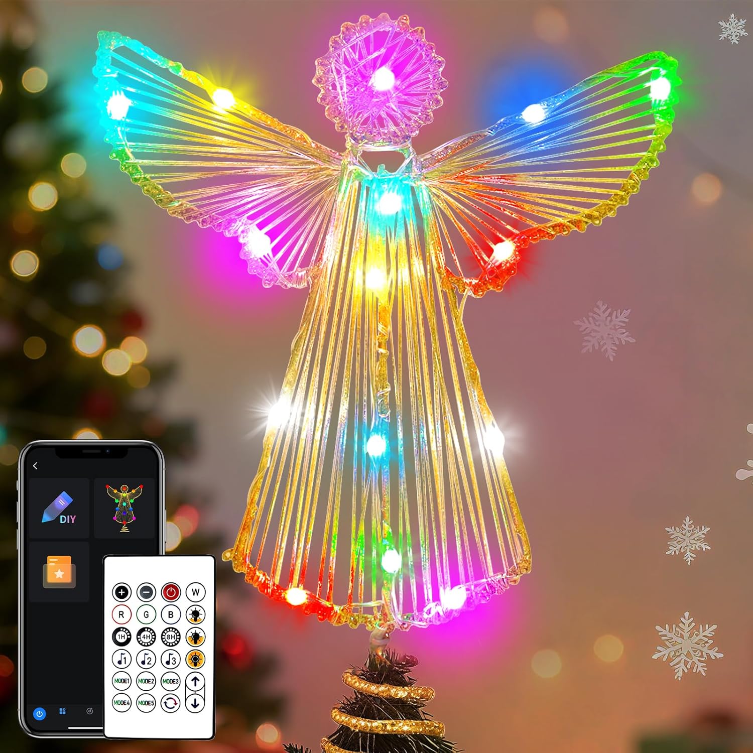 Christmas Angel Tree Topper, App Control Glittering Xmas Tree Topper with Timer, Gold Hollowed Angel LED Christmas Tree Topper for Christmas Decorations Home Holiday Party Gift Decor, USB Powered