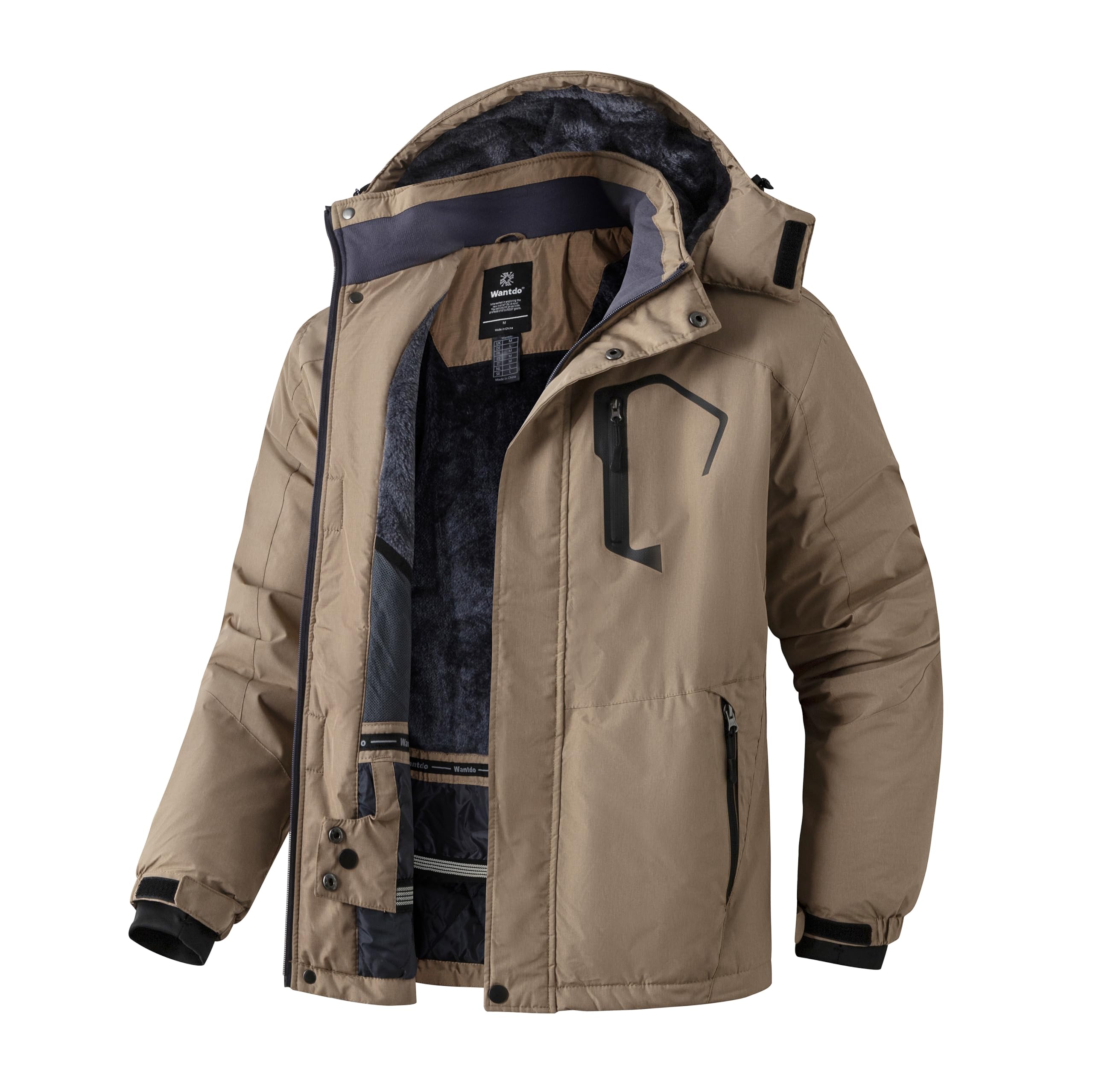 Wantdo Giacca da Sci Montagna Calda Invernale Parka da Neve Imbottita Cappotto da Snowboard in Pile Giubbotto con Cappuccio Impermeabile Uomo